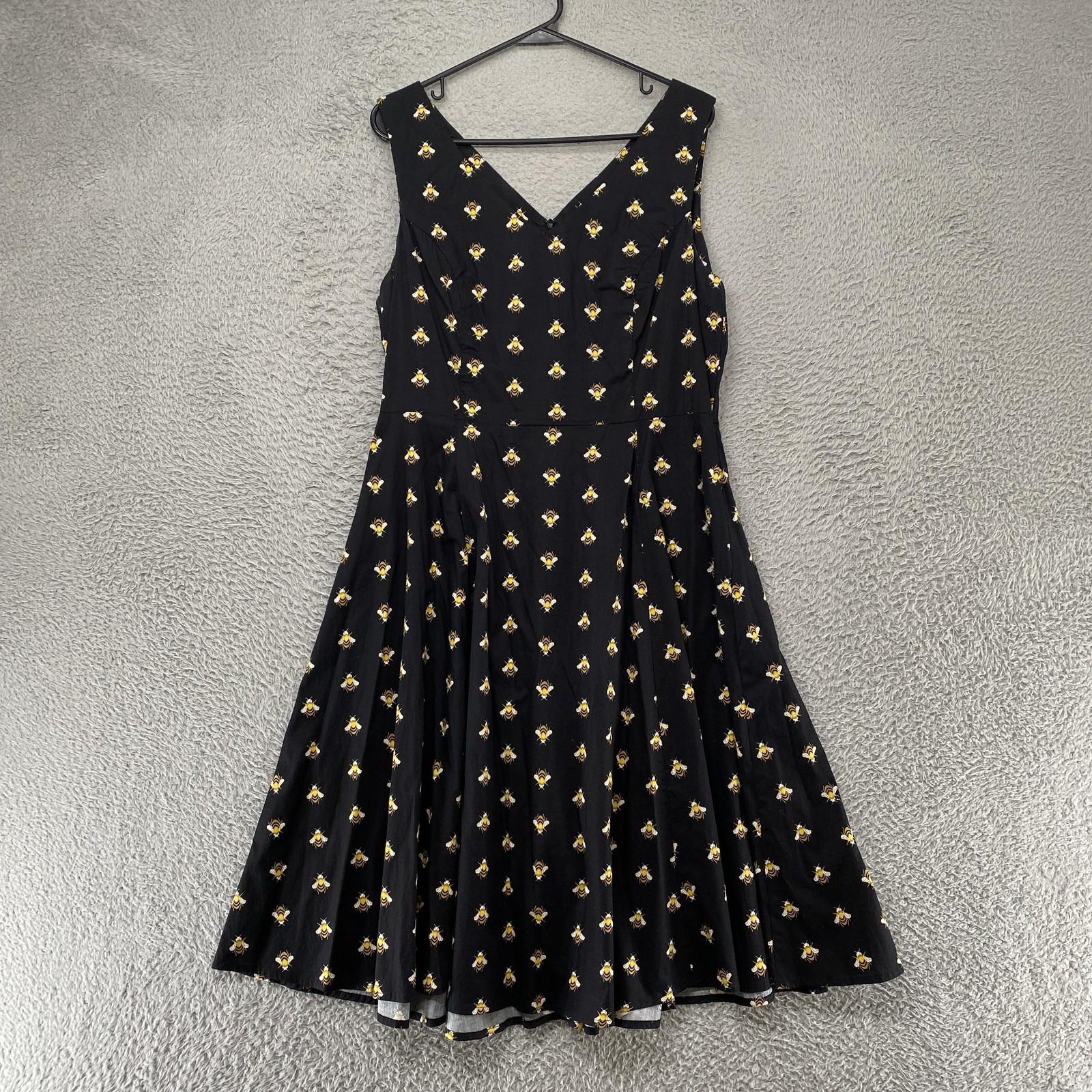Eva Rose Midi Dress Womens XL Black Bee Print Fit Flare Retro Summer Stretch