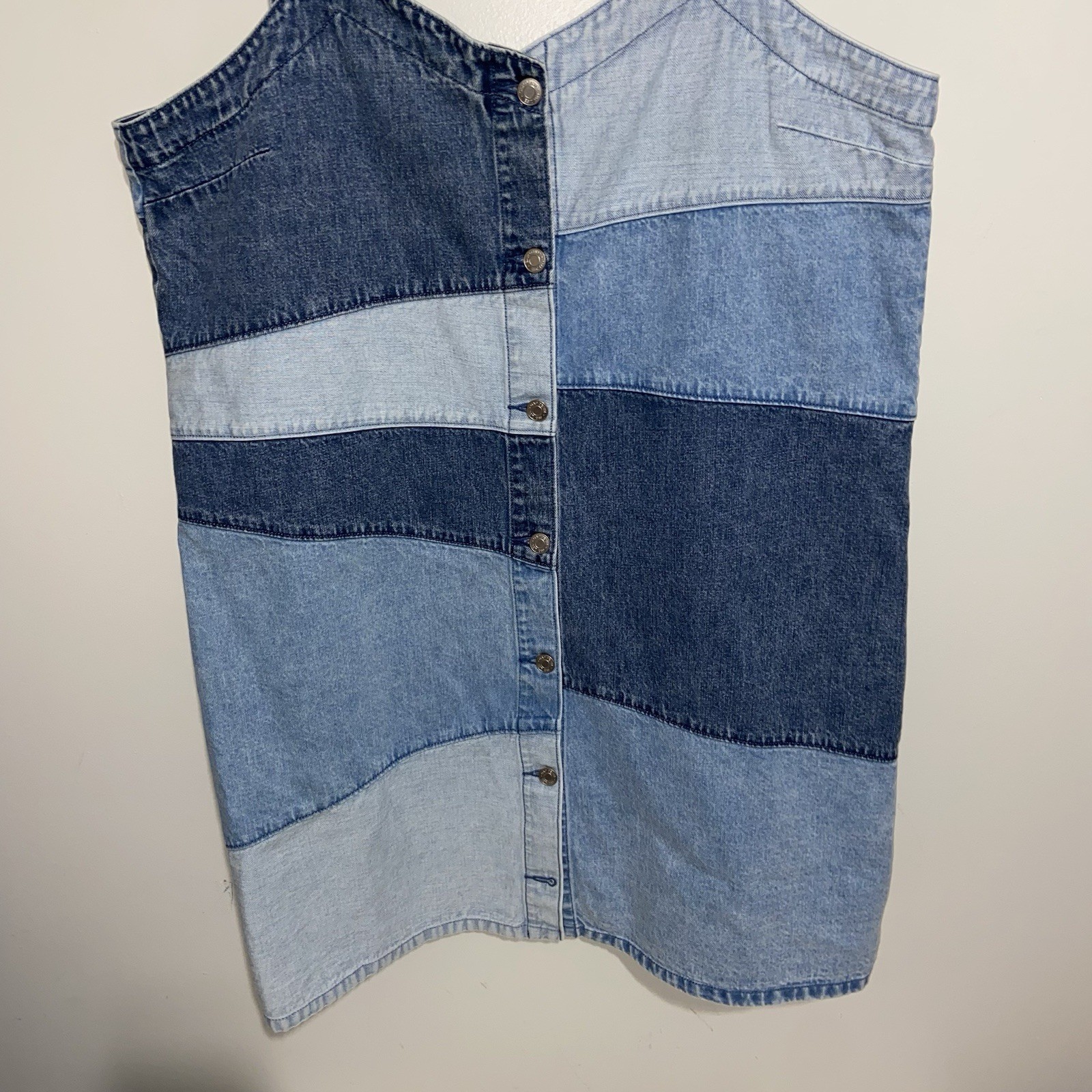 GAP Dress XL Pieced Patchwork Denim Pinafore Blue Jean Button Retro Festival