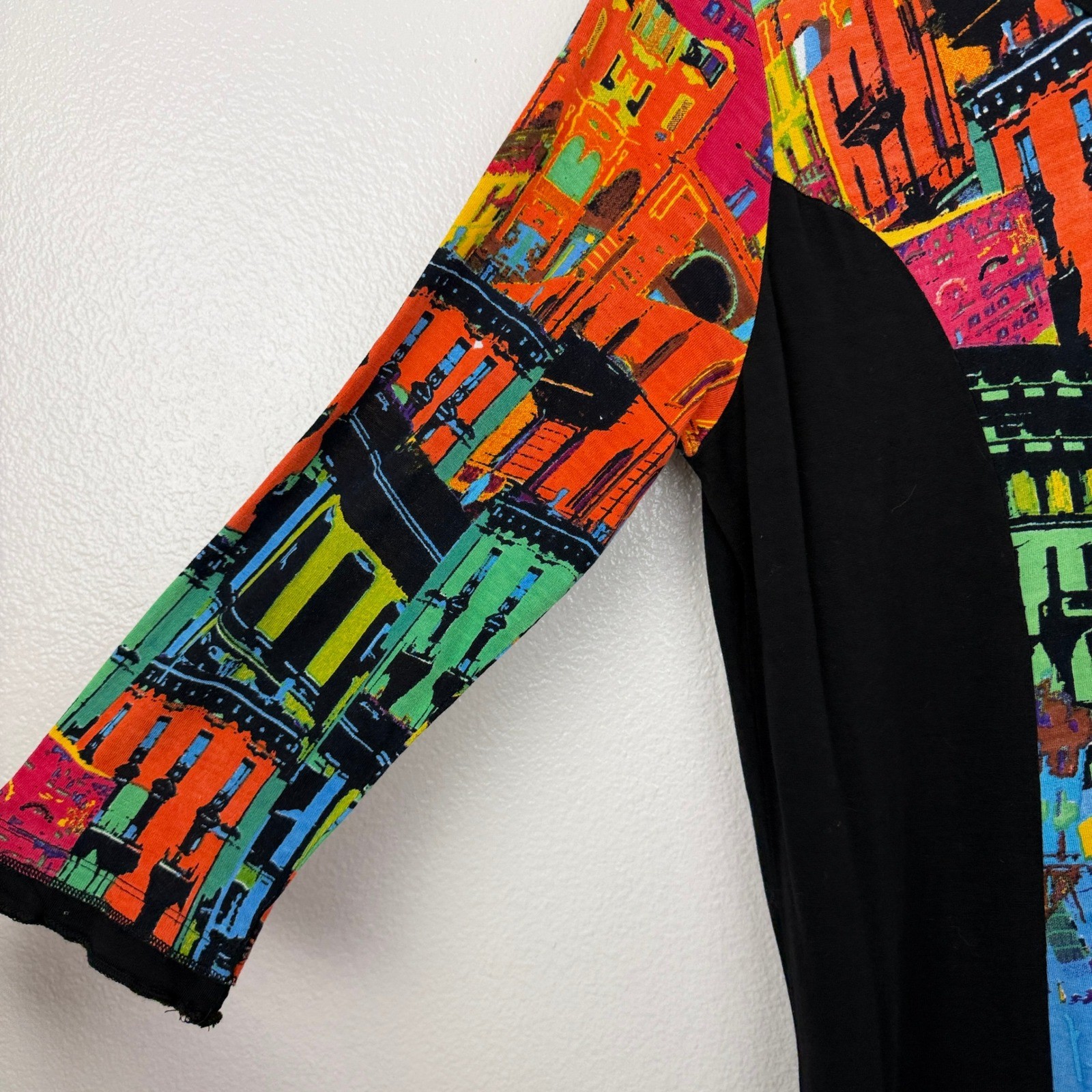 Orientique Tunic Womens Large Black Multi City Scene Print V-Neck 3/4 Sleeve Art
