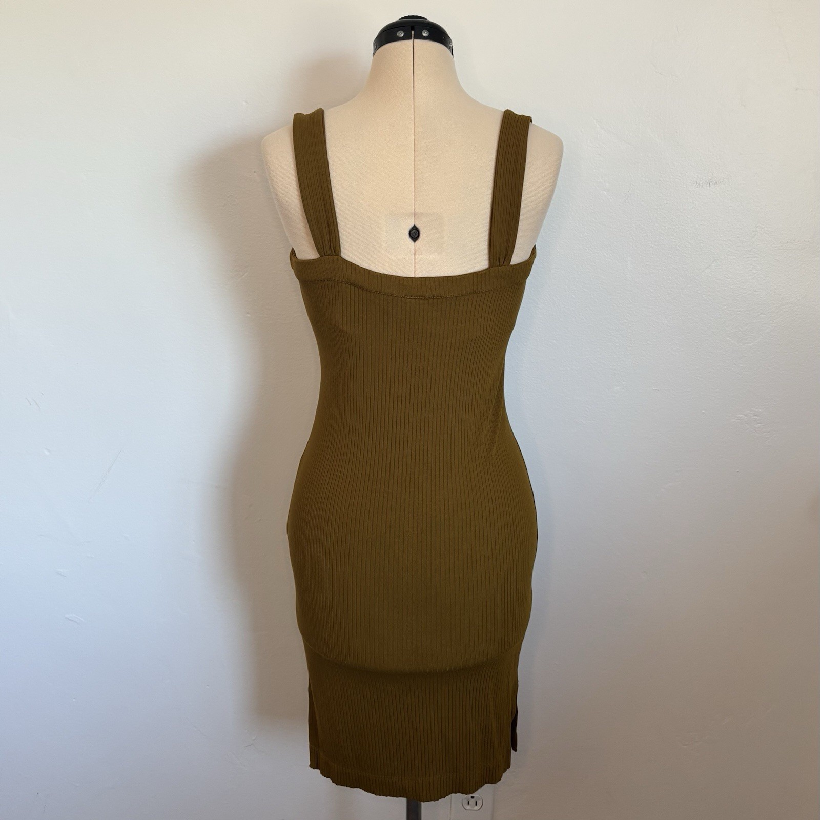 L*Space Louise Ribbed Knee Length Dress, Olive Moss Green, Thick Tank Straps, S