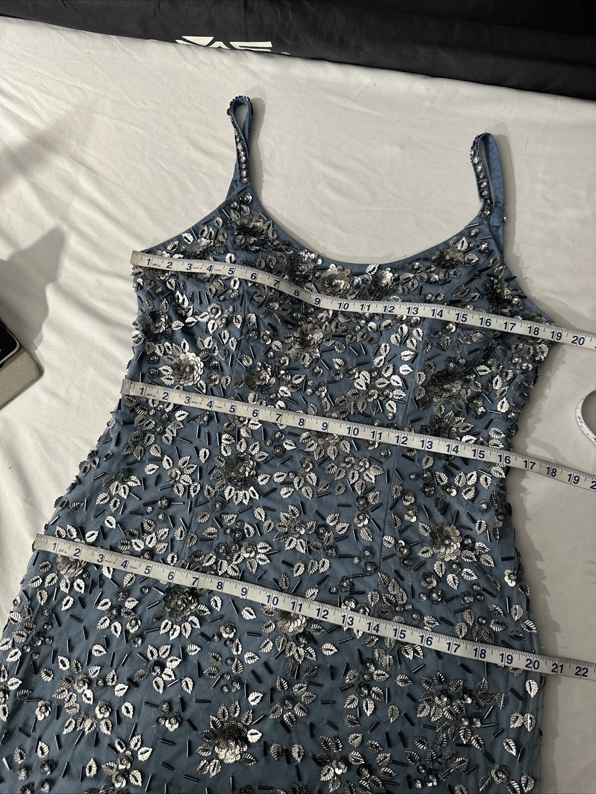 NWT Mac Duggal [ 10 ] 5477 Floral Embellished Scoop Neck Gown Slate Blue #S1601