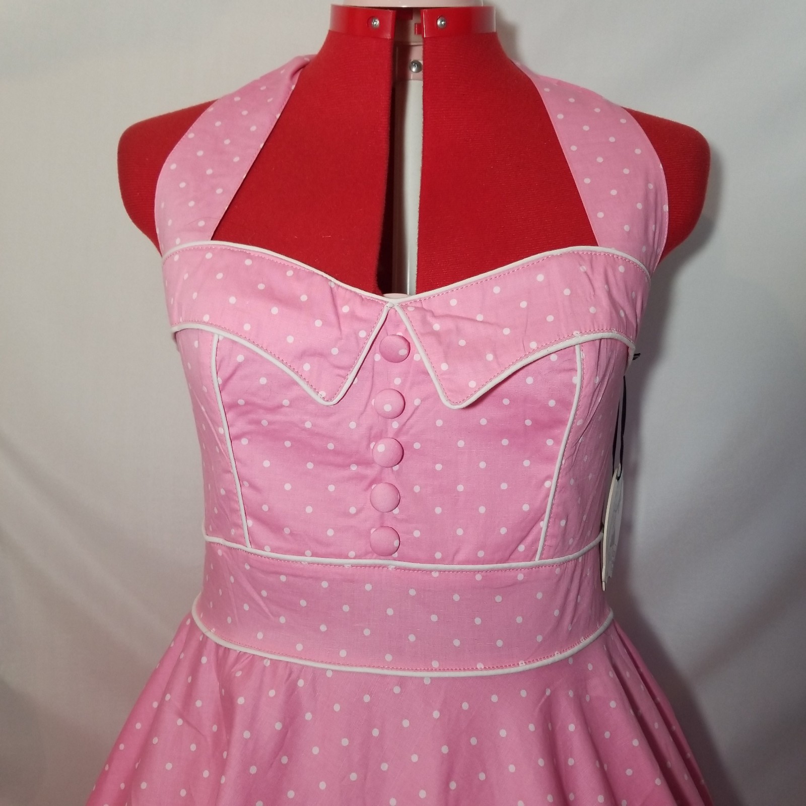SMALL FLAWS Hell Bunny L Pink & White Polka Dots Halter Dress Rockabilly #2