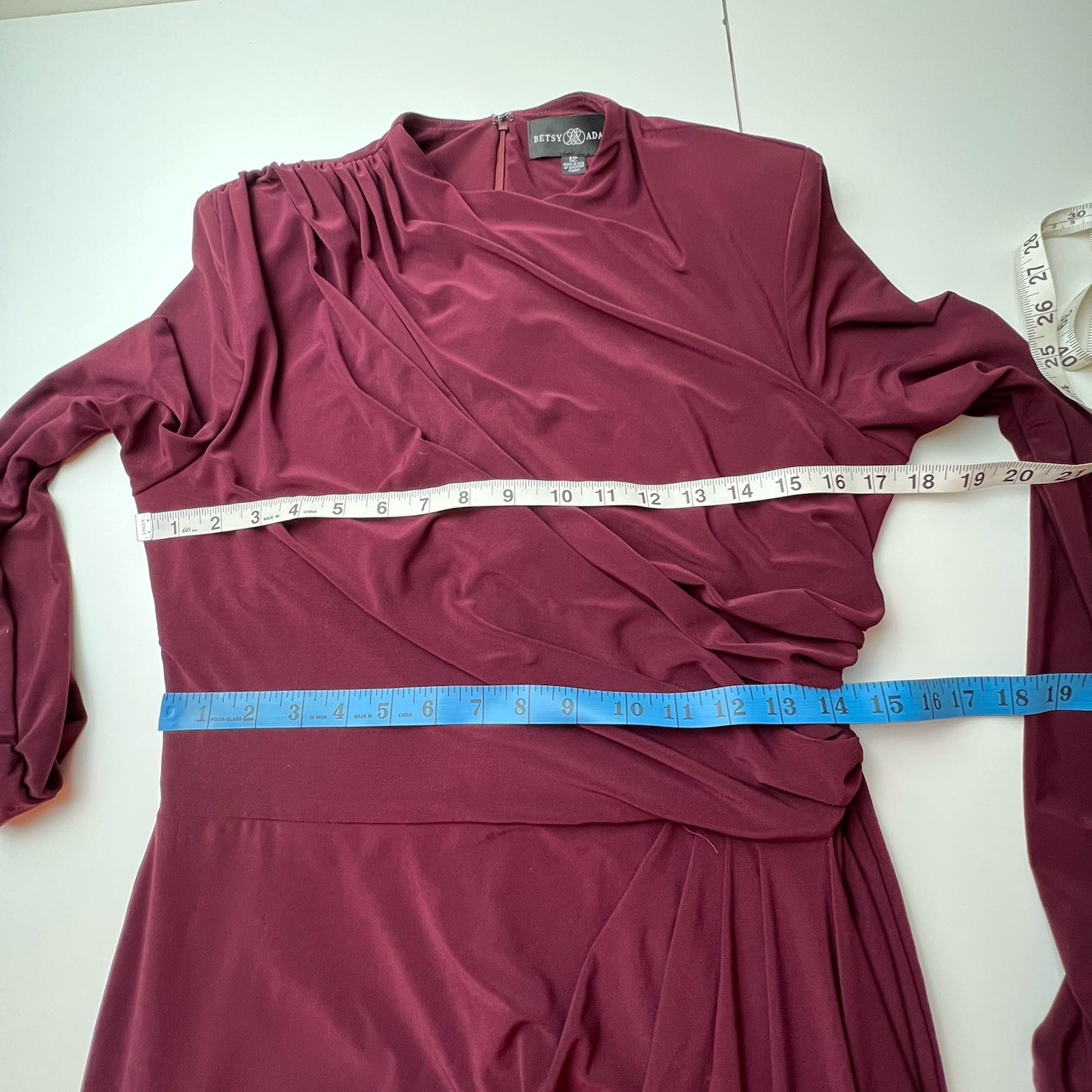 BETSY & ADAM Jeanette Long Sleeve Stretch Knit Ruched Dress Size 12 Wine