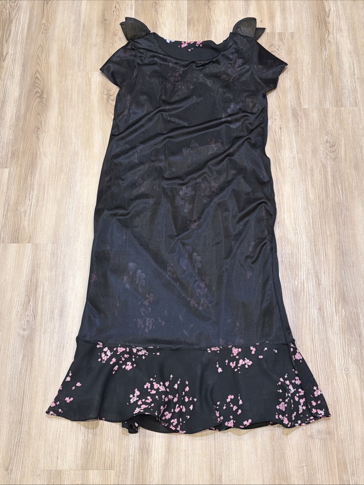 Premier International Floral Midi Dress M 10-12 Black A-Line Sheer Overlay Y2K