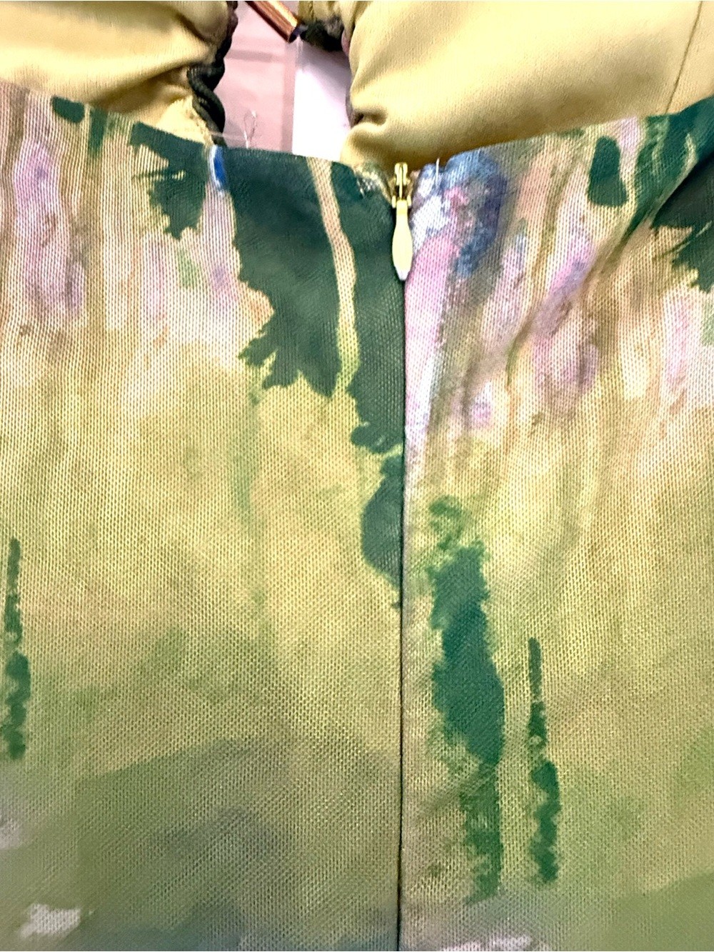 Edge Strapless Maxi Dress Abstract Green Blue Print Ruffle Slit Size S