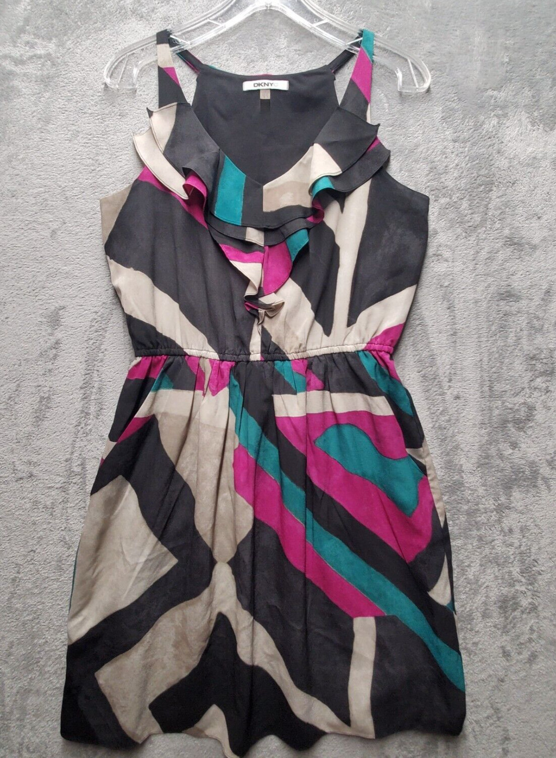 DKNYC Dress Womens Small Black Tan Teal Purple Print Ruffle Pockets Lined