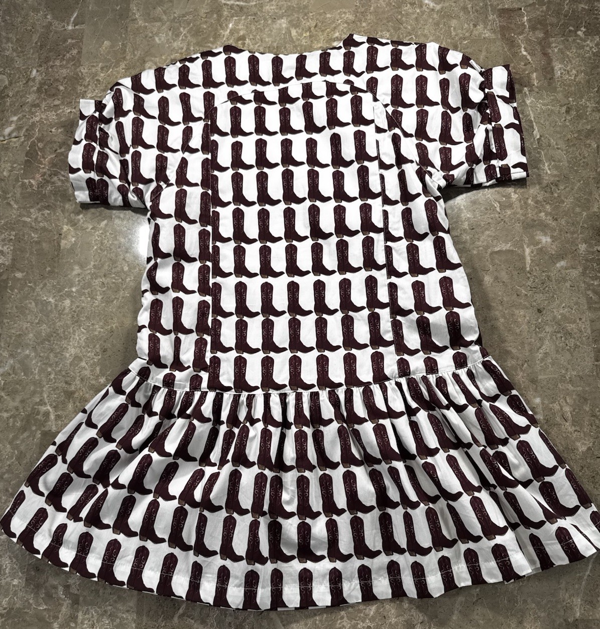 Brooke Wright Western Boots Print A-Line Dress S White Brown V-Neck Ruffle