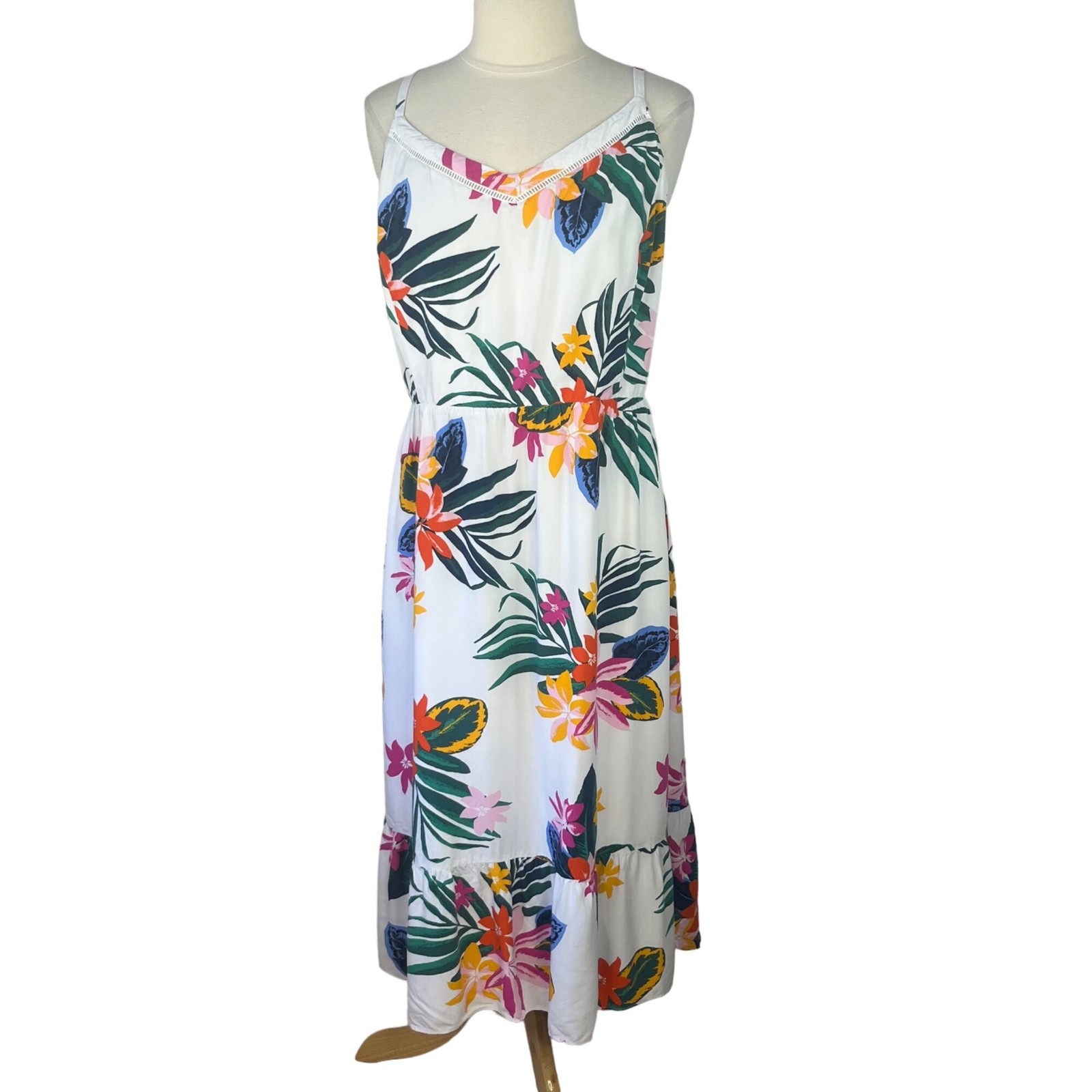 Tropical Floral Print Maxi Midi Sun Dress Adjustable Straps Smocked Back Medium