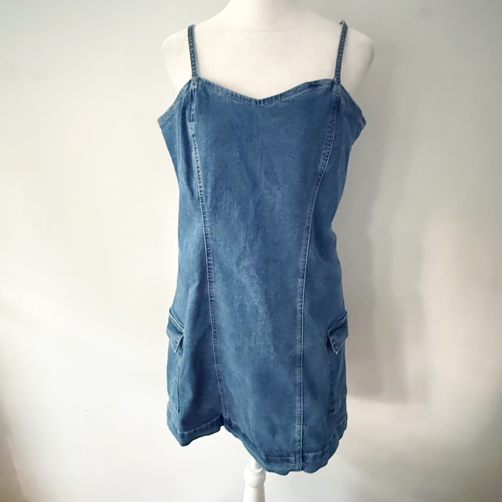 Celebrity Women Stretch Denim Cargo Dress Large Classic Retro 90s Grunge Indie