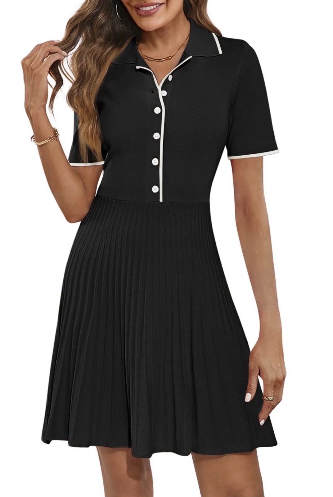 NEW Polo-Collar Short Sleeve Pleated Summer Ribbed Knit Midi Dress Size S