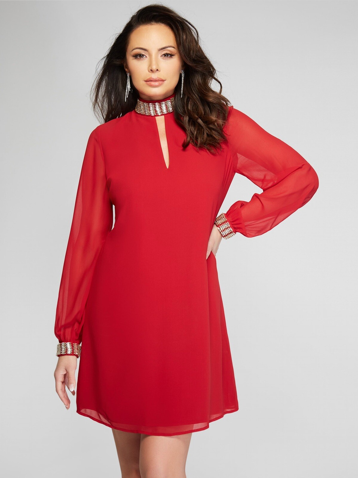 New Guess Marciano Leila Tunic Embellished Collar Sheer Sleeve RED Dress XS $198