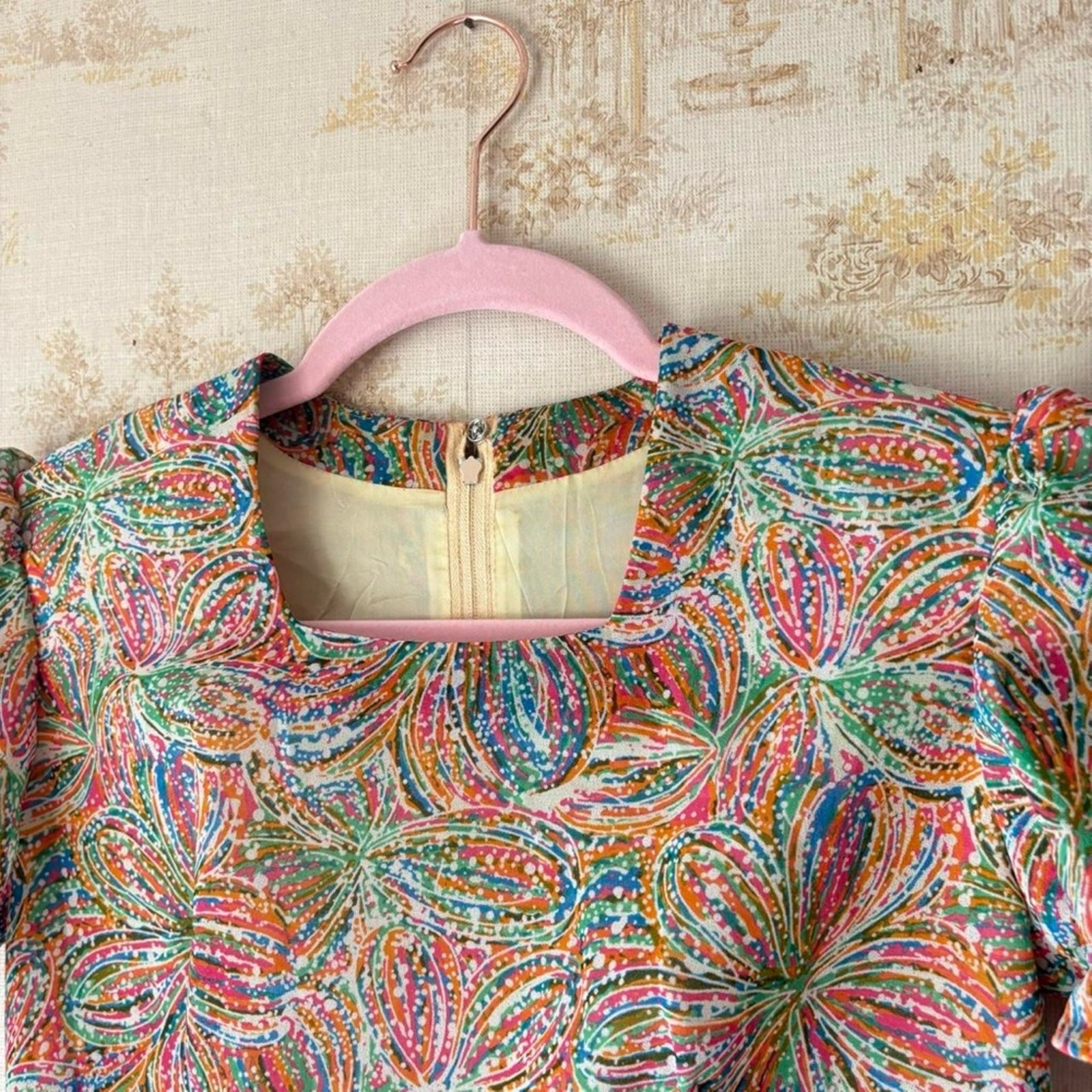 Vintage 50s 60s rainbow floral print short sleeve square neck midi party dress