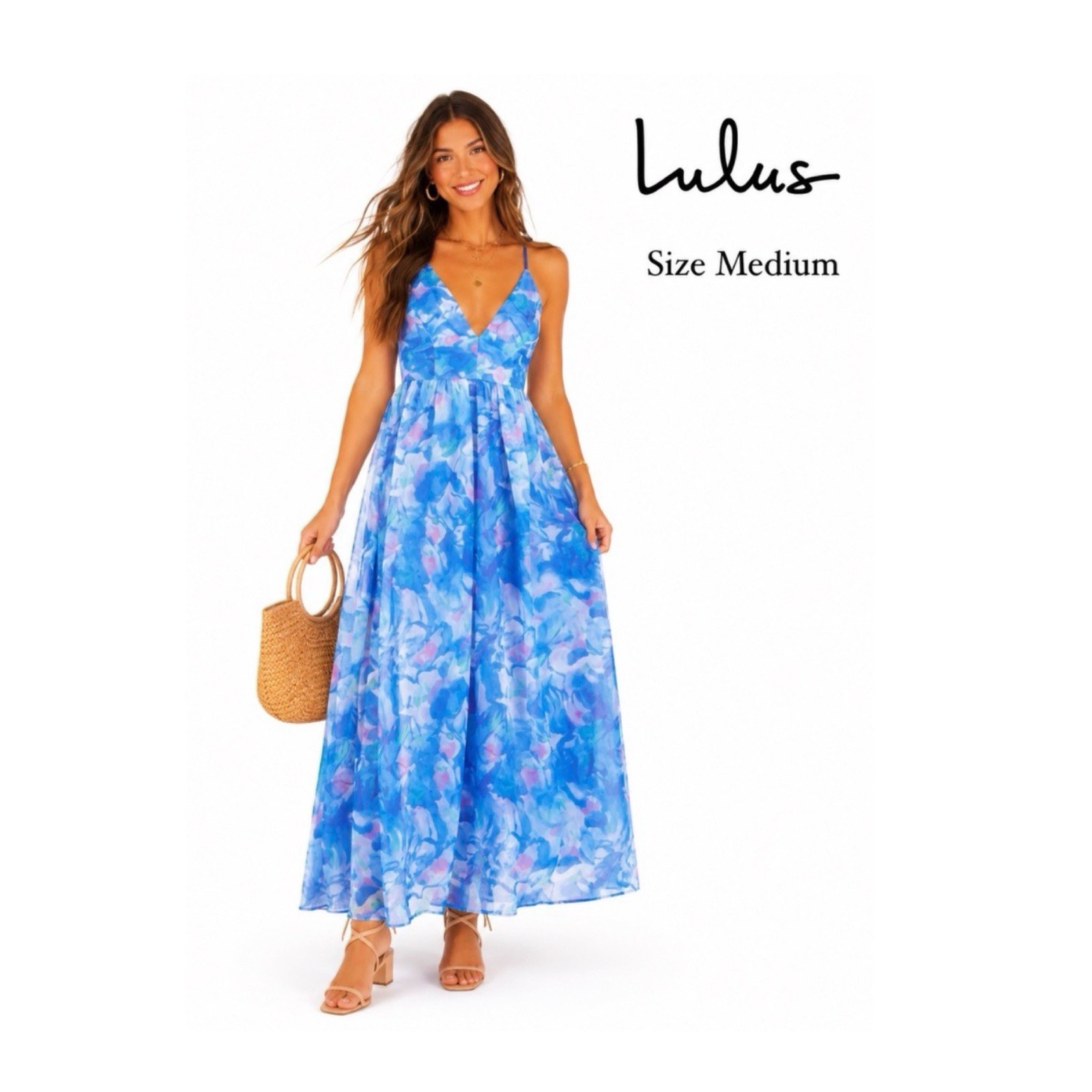 Lulus Blue Floral Watercolor Tulle Chiffon Maxi Dress Size Medium New!