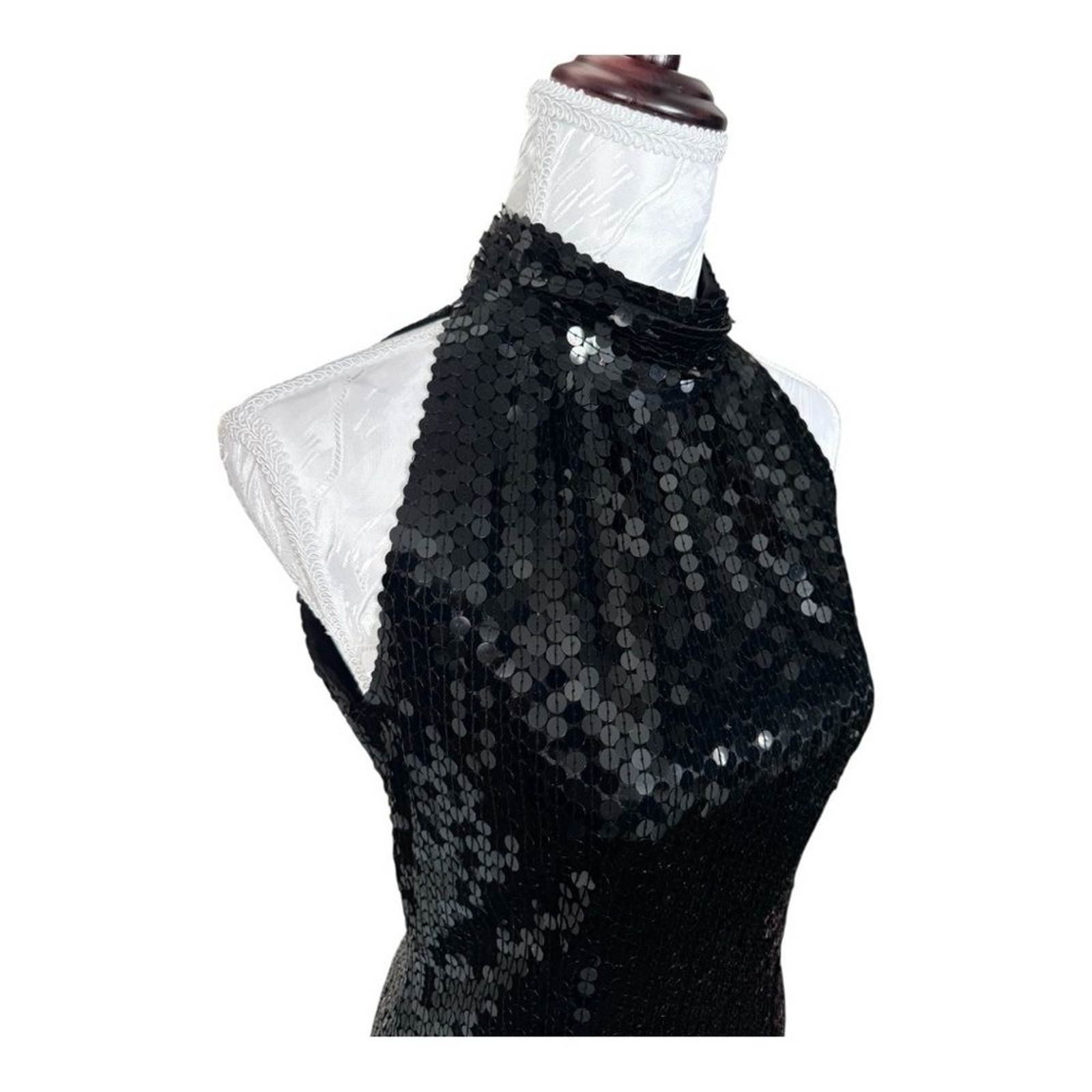 Vintage Nite Line Black Sequin High Neck Cutout Back Evening Dress Size 8