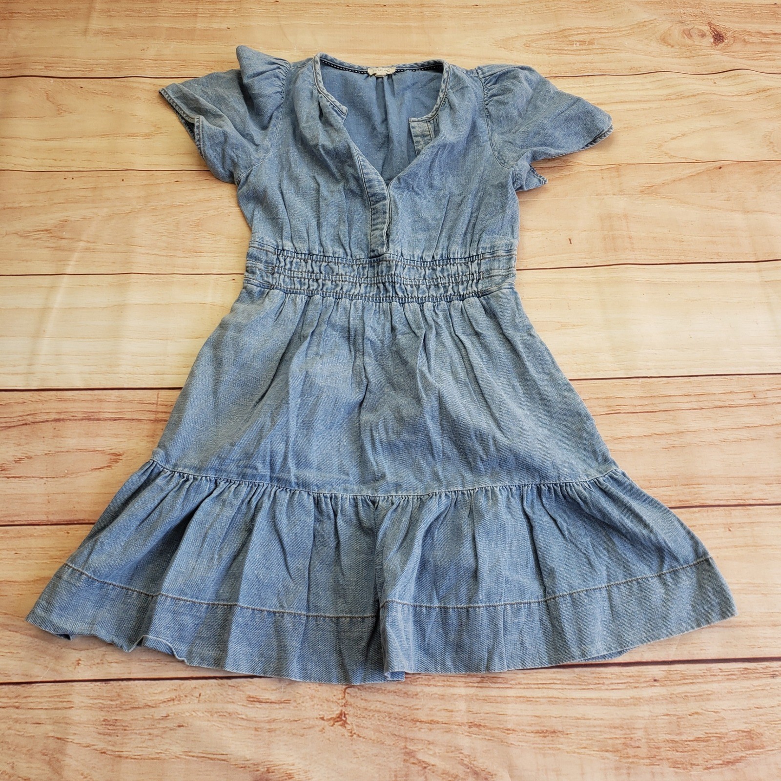 Pilcro Anthropologie Chambray Denim Mini Dress Womens XS Blue Boho Smocked