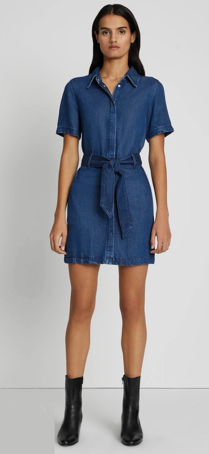 7 For All Mankind Lustre Blue Denim Button Down Shirt Dress with Tie Belt
