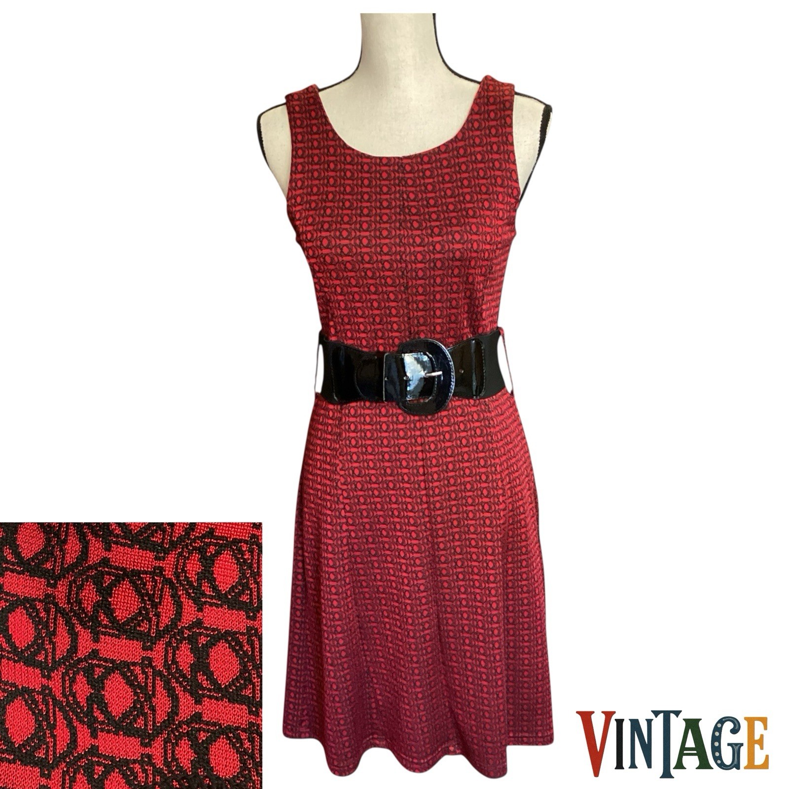 Vertigo Paris Dress Belted Sleeveless Cranberry Black Small Vintage 90s Fitted