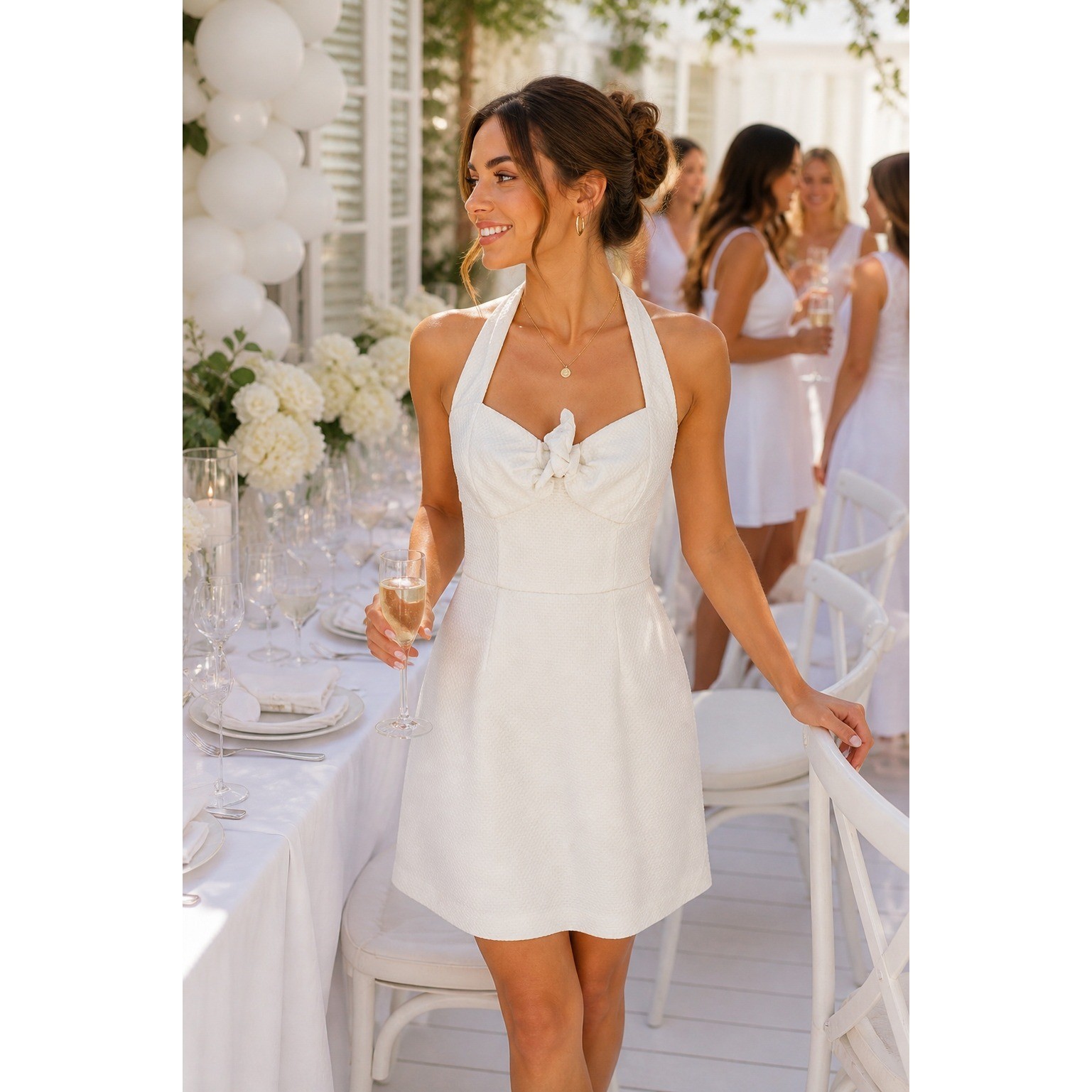 Trina Turk White Halter Mini Dress Textured Piqué Knot Front Size 4