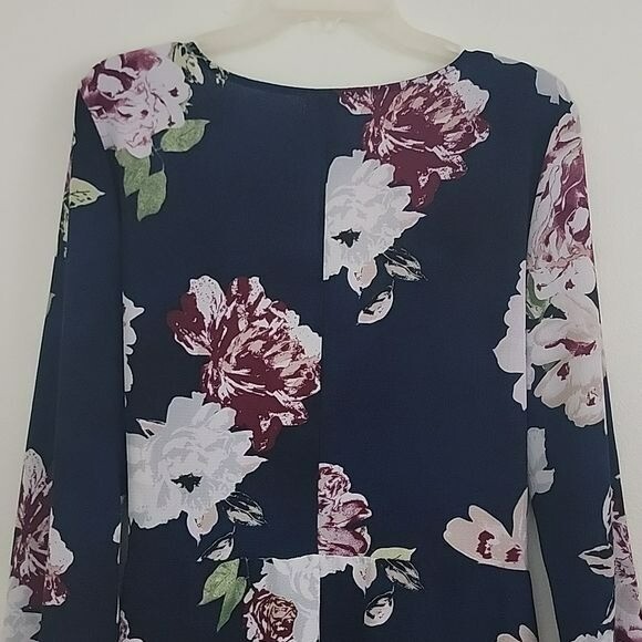 Eyeshadow Navy Burgundy & White Floral Long Sleeve Wrap Dress XL