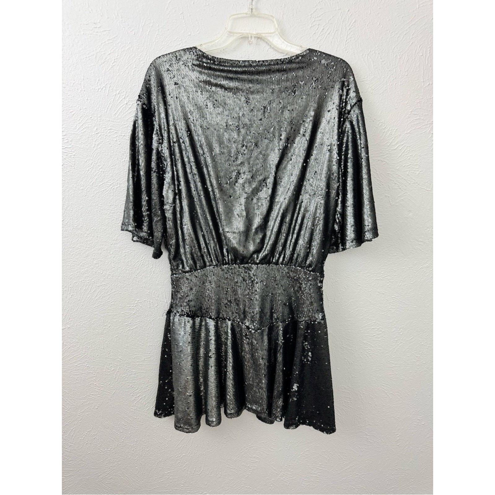 Free People Sequin Mini Dress Size Medium Silver Black Batwing Flawed AS-IS