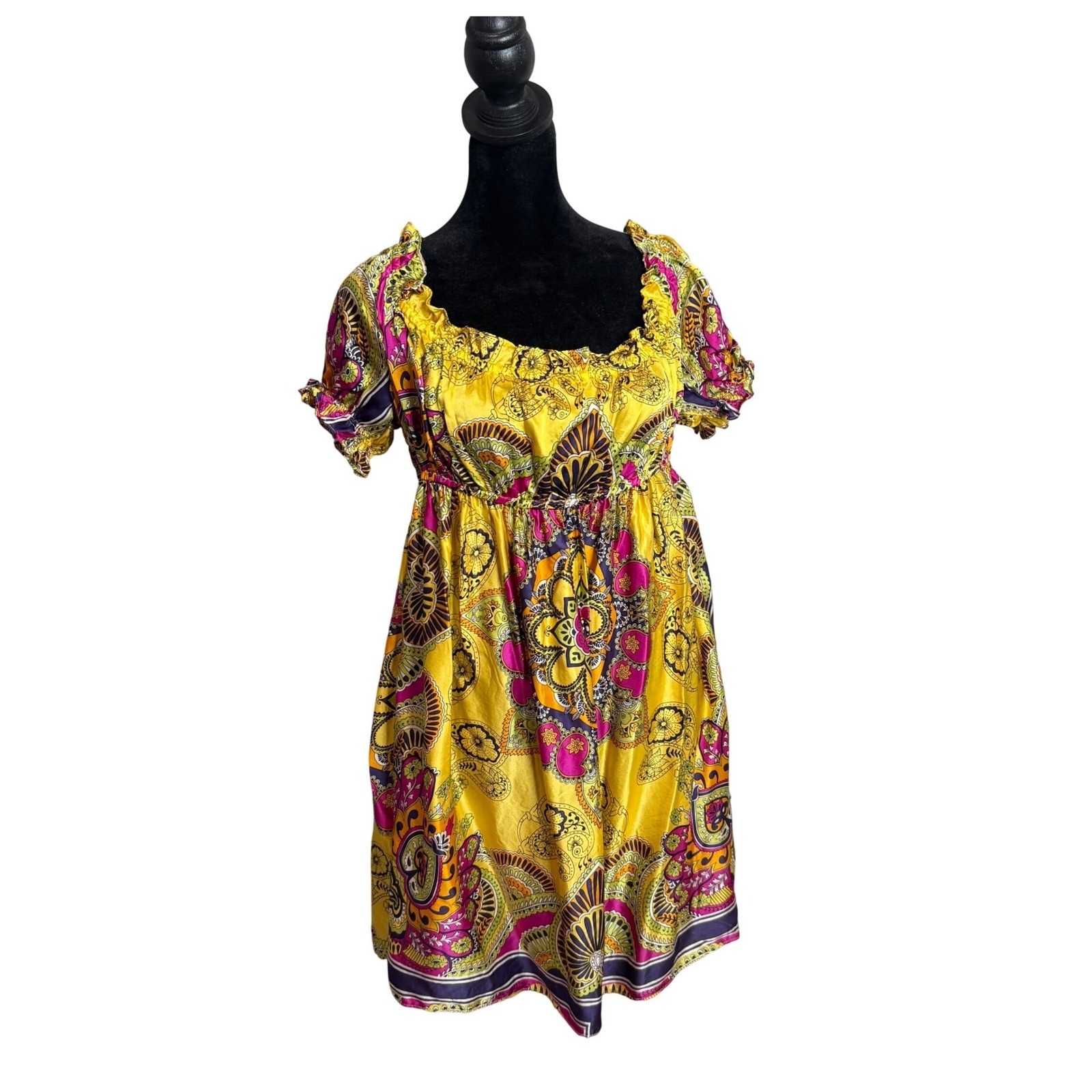Paisley Satin Mini Dress Size M Yellow Purple Festival BOHO Chic Psychedelic