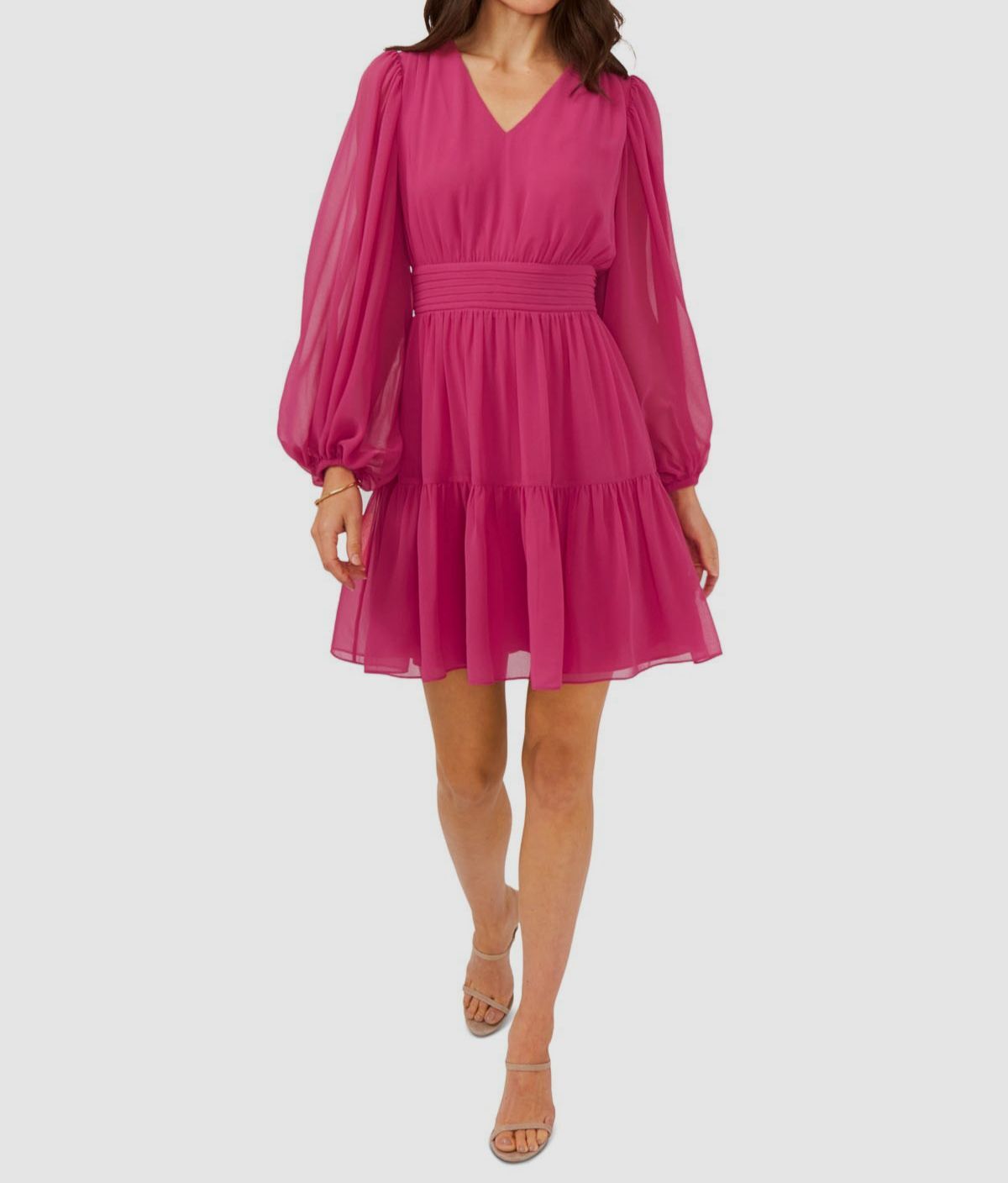 MSK Women’s Pink Lined Chiffon Blouson-Sleeve Fit & Flare Dress Size S
