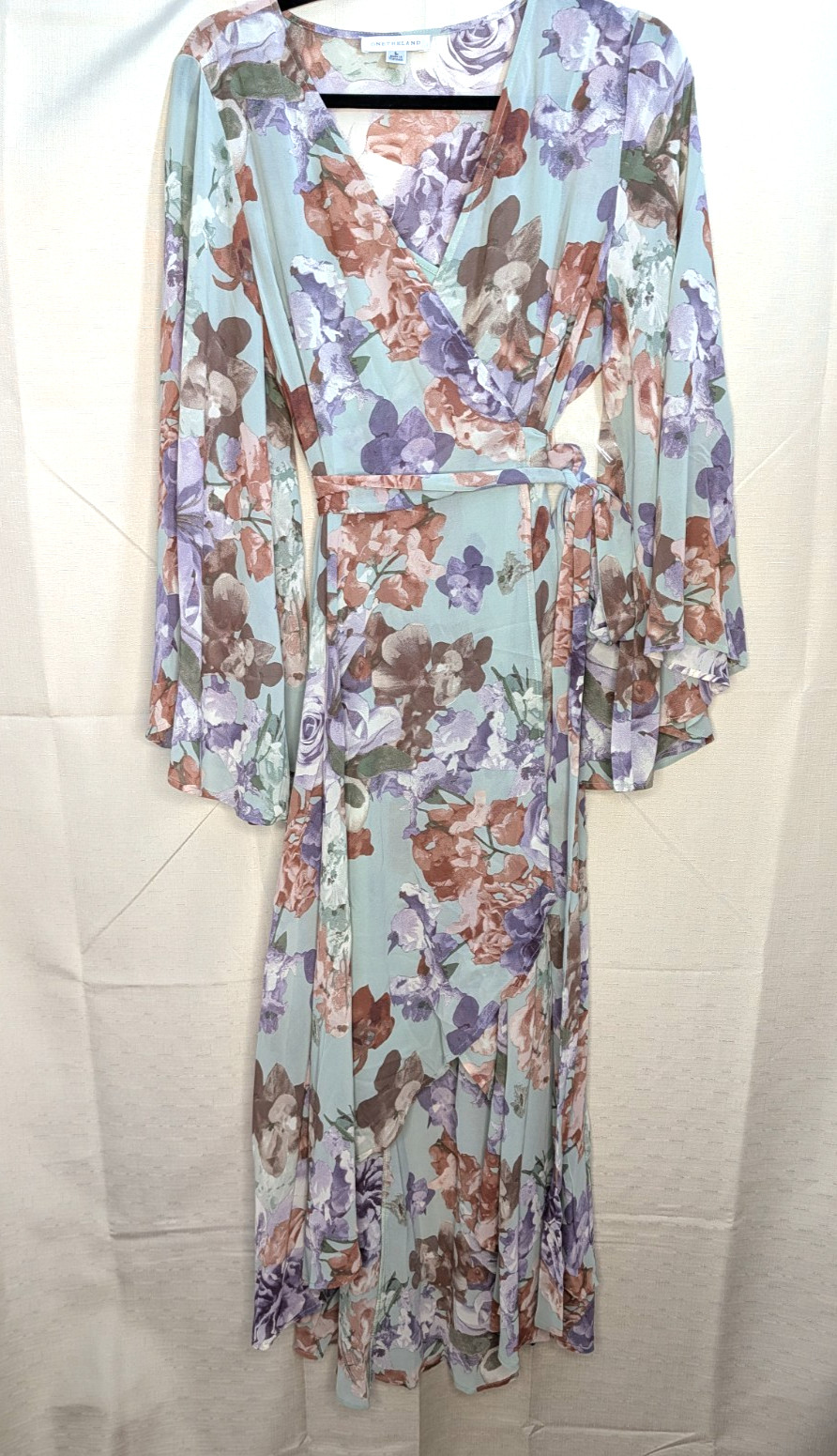Women’s Size Large Wrap Mint Green Floral Boho Bell Sleeve High Low Maxi Dress