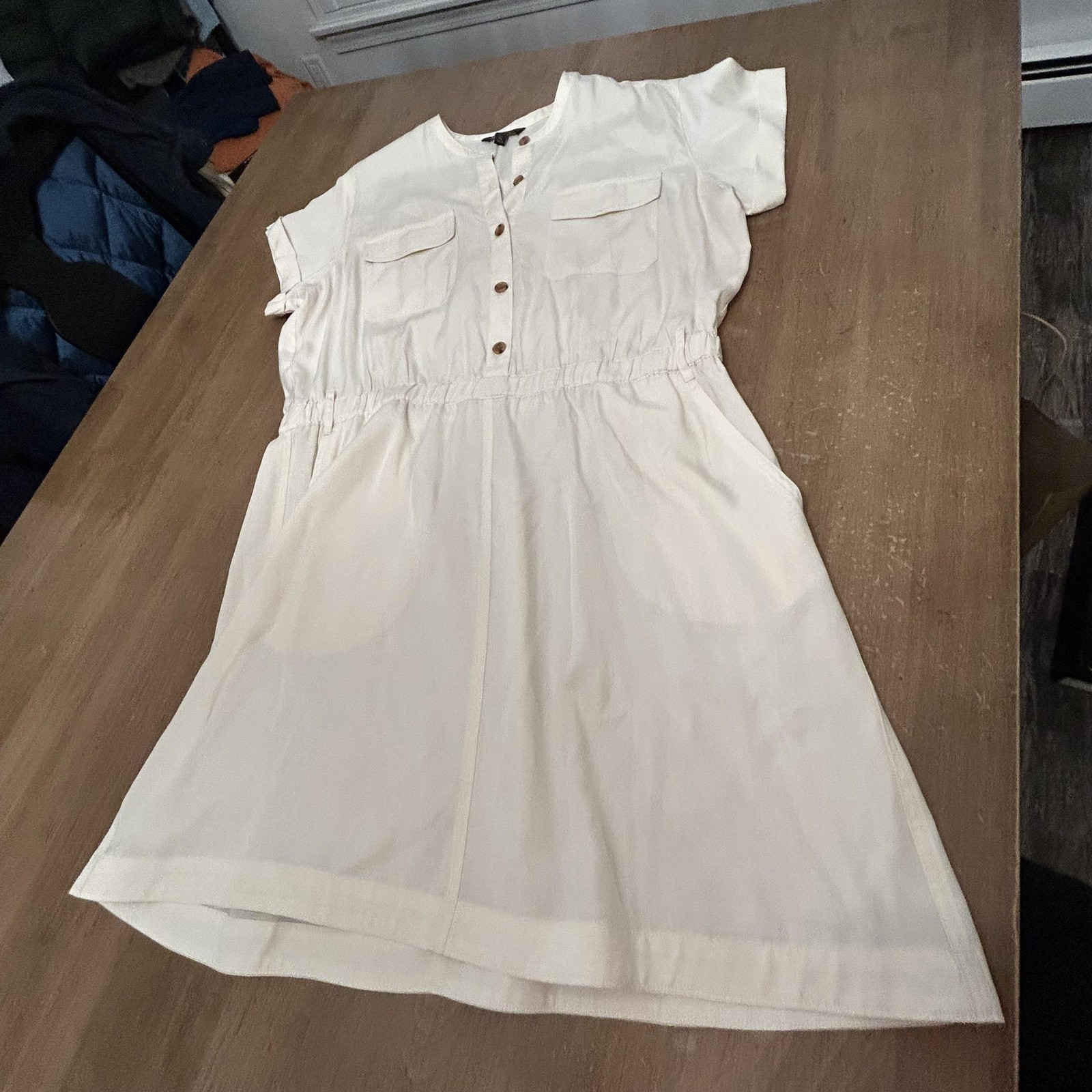 Banana Republic Shirt Dress Womens XL Tall White Lyocell Henley Elastic Pockets