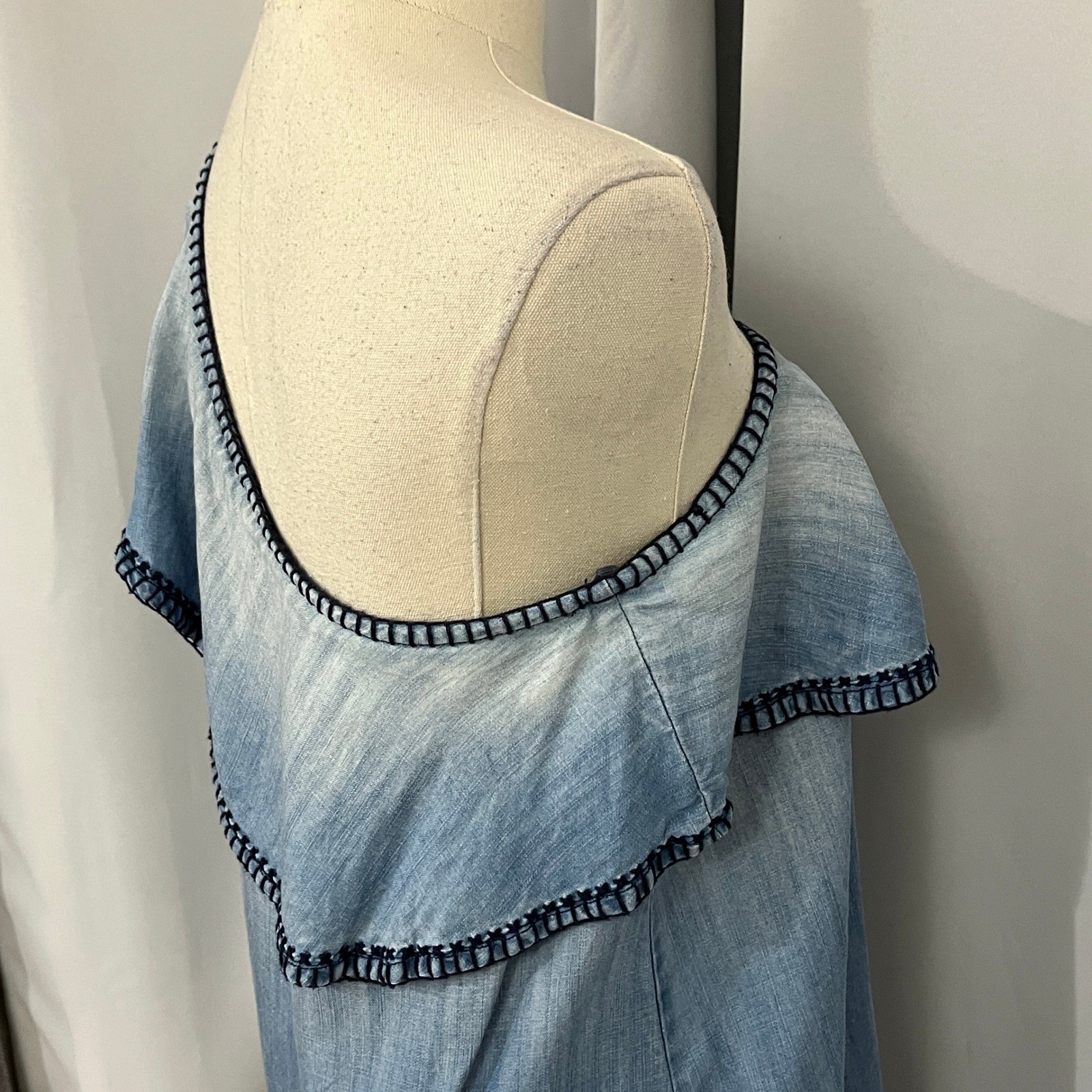 Cloth & Stone Chambray One Shoulder Dress Ruffle Women S Blue Shift Boho Coastal