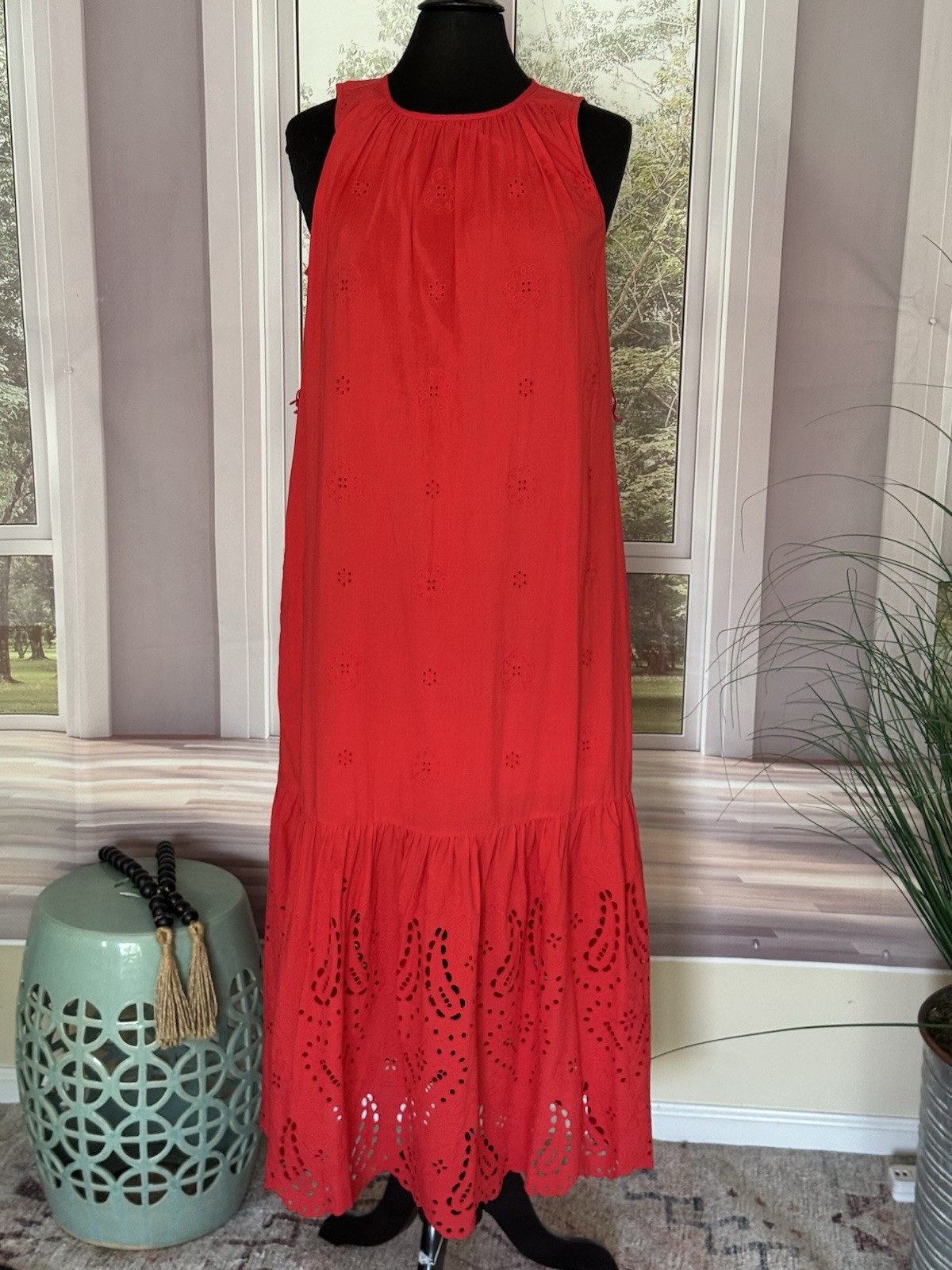 Destination 365 Red Cotton Eyelet Midi Dress,XS, NWOT