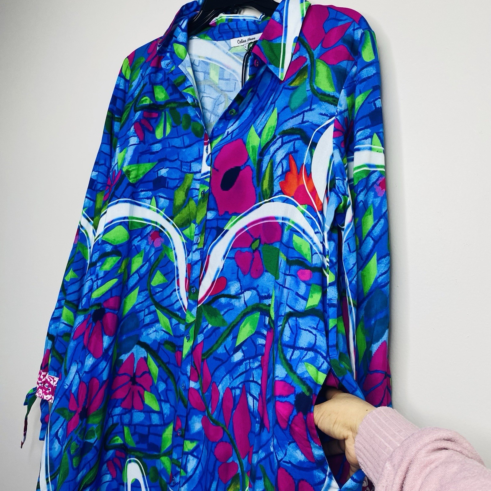 Celina Moon Blue Floral Button Front Midi Dress Pocket Long Sleeve Sz Large