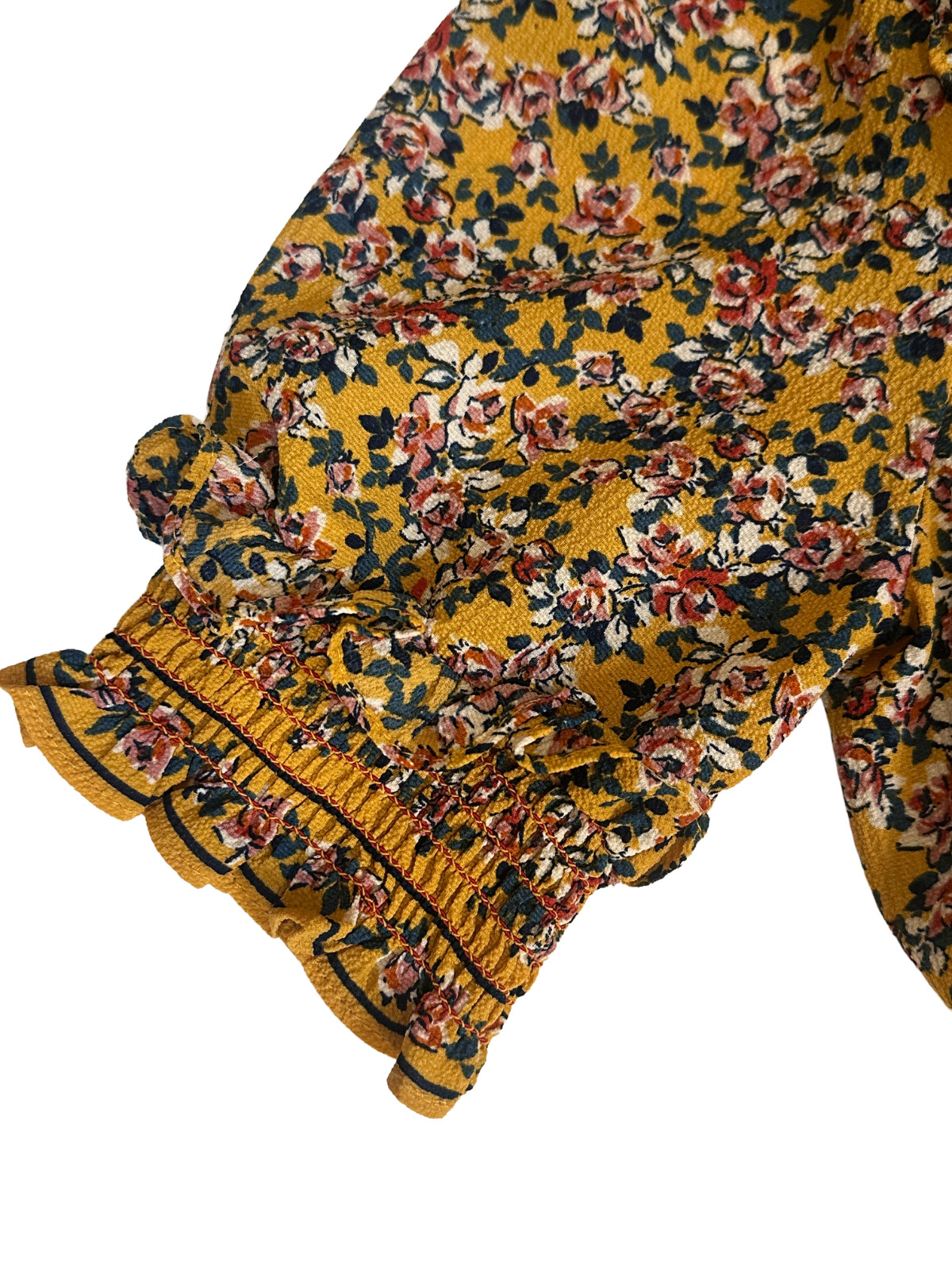 Max Studio Maxi Dress Small Mustard Floral Smocked Waist Tiered Boho Sleeve EUC