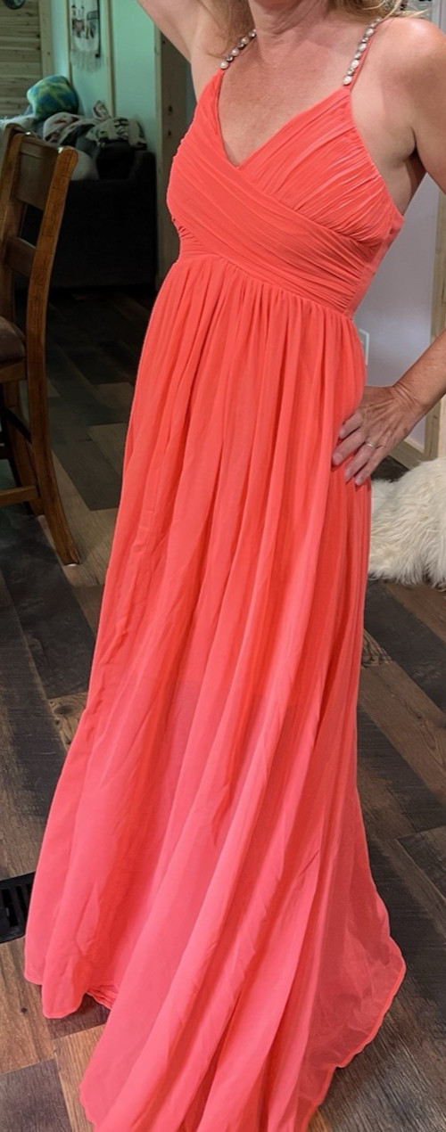 Neon Pink Coral MAXI DRESS Womens Size Small GEMSTONE SPAGETTI STRAPS Chiffon