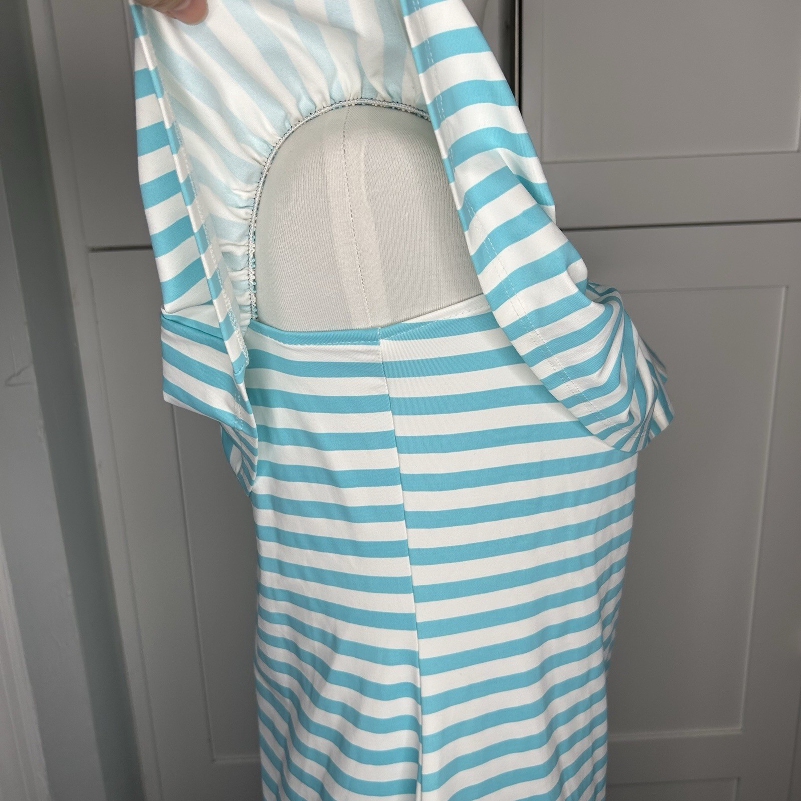 Sailor-Sailor Shoreline Striped Blue Dress Size XL Off the Shoulder Stretch