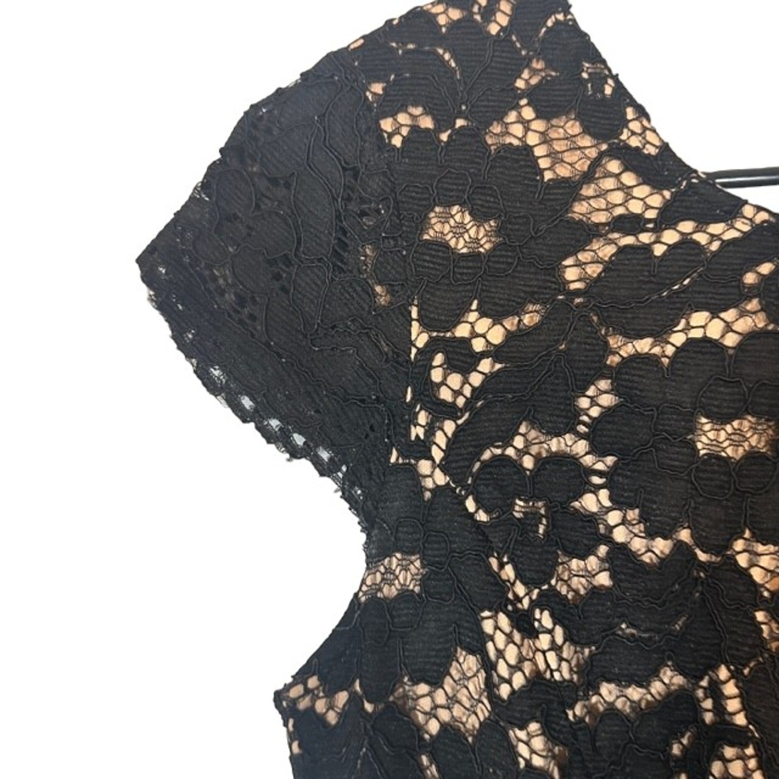 Esley Black & Cream Lace Overlay Short Capped Sleeve Bodycon Dress Women Sz S