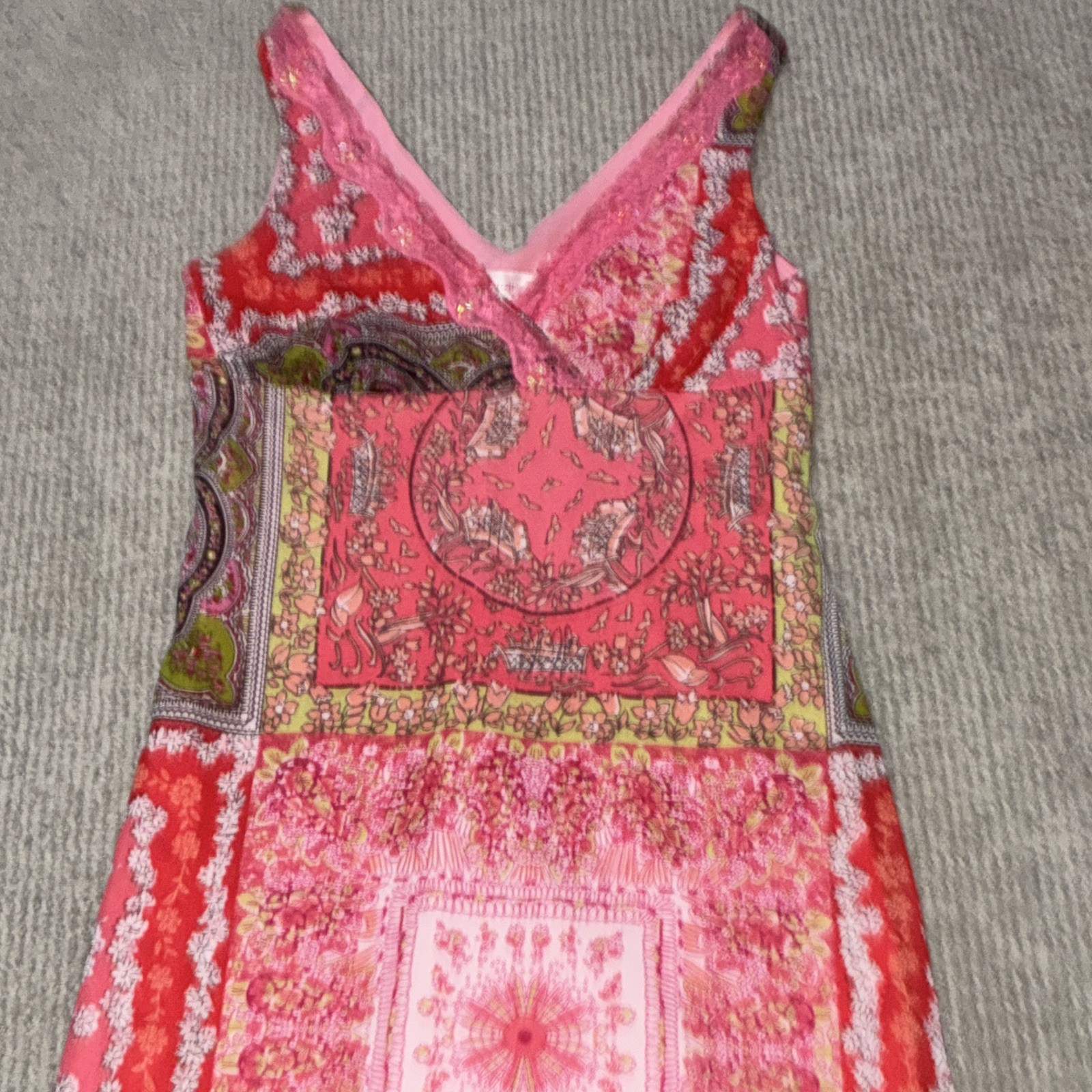 Xhilaration Patchwork pattern V-Neck Maxi Dress S Pink/Red/Green Lace