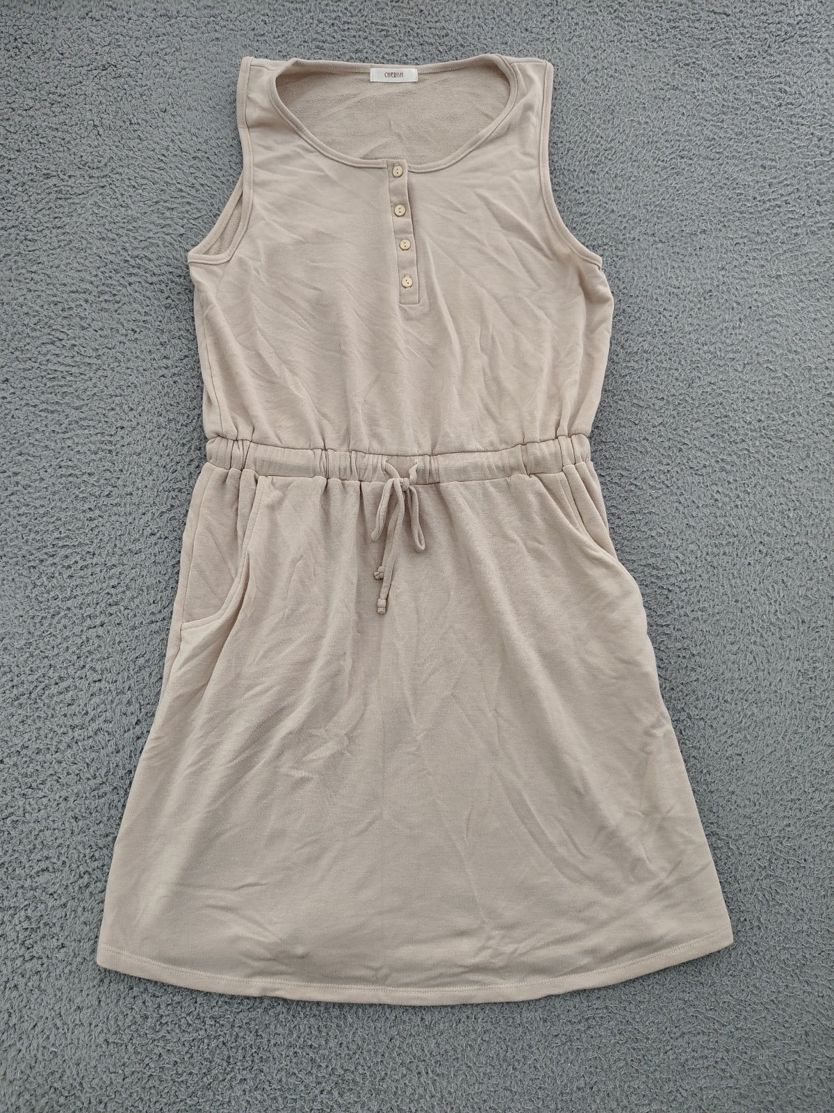 Cherish Womens Large Beige Sleeveless Dress Drawstring Waist Casual Pockets