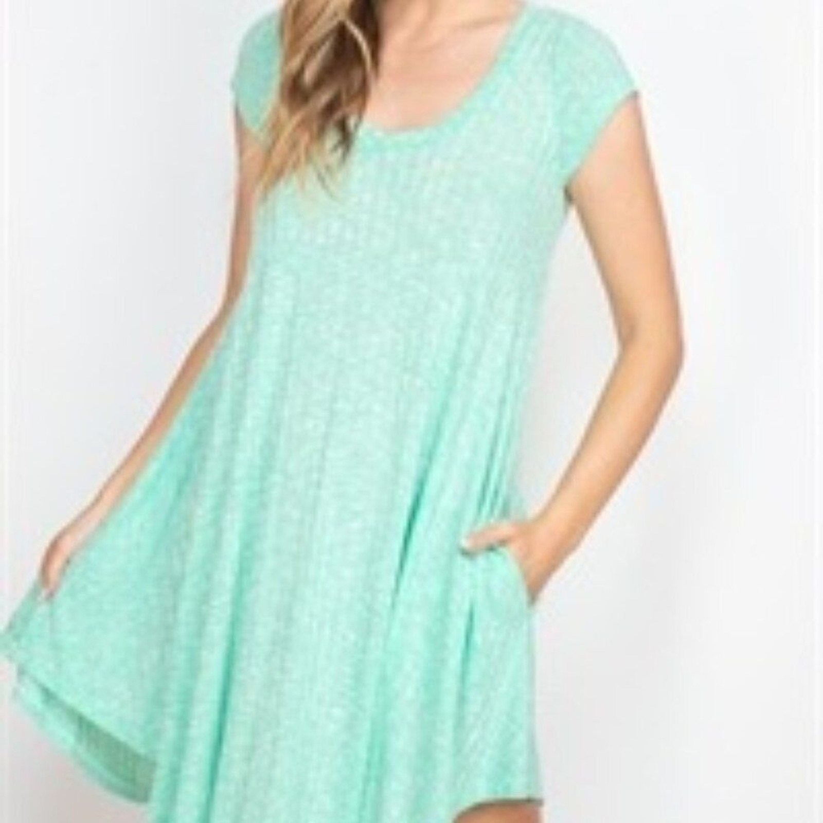Lollipop Star Mint Ribbed Knit Pockets Crewneck Cap Sleeve Soft Summer Dress