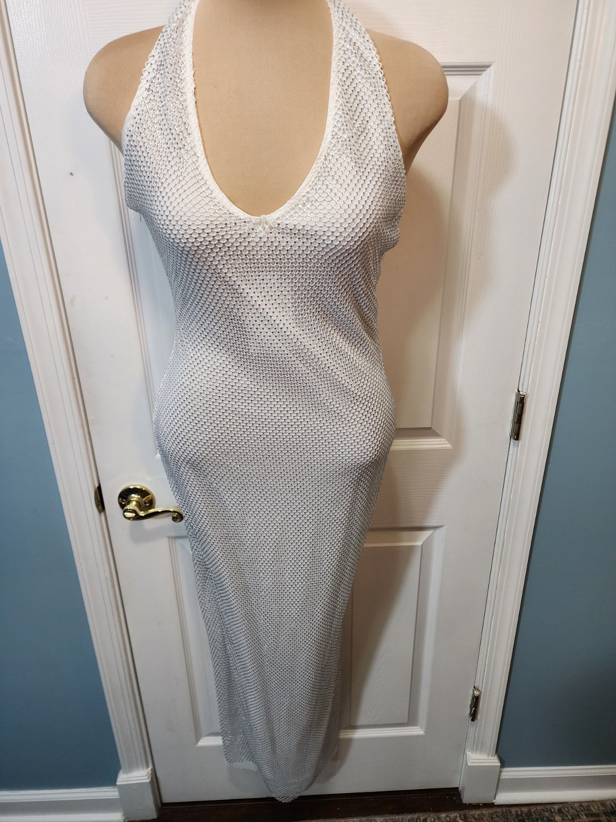 ​Stunning White “Web Crystal” Rhinestone Like Halter Gown Size L