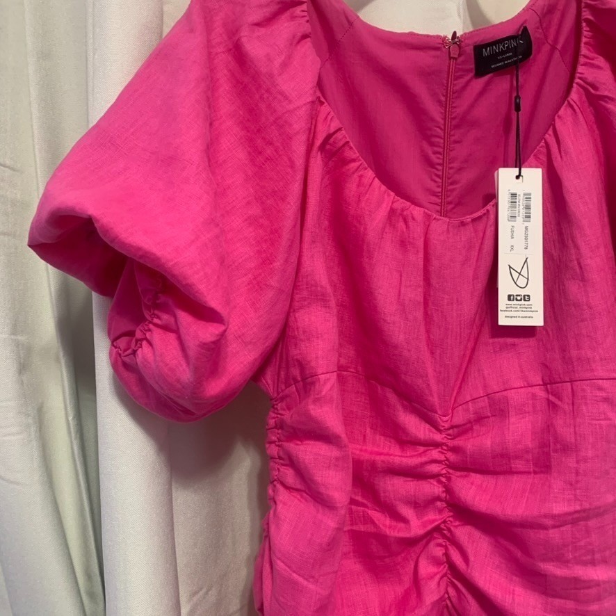 MINKPINK Selena Puff Sleeve Mini Dress NWT Hot Pink 100% Linen Size XXL