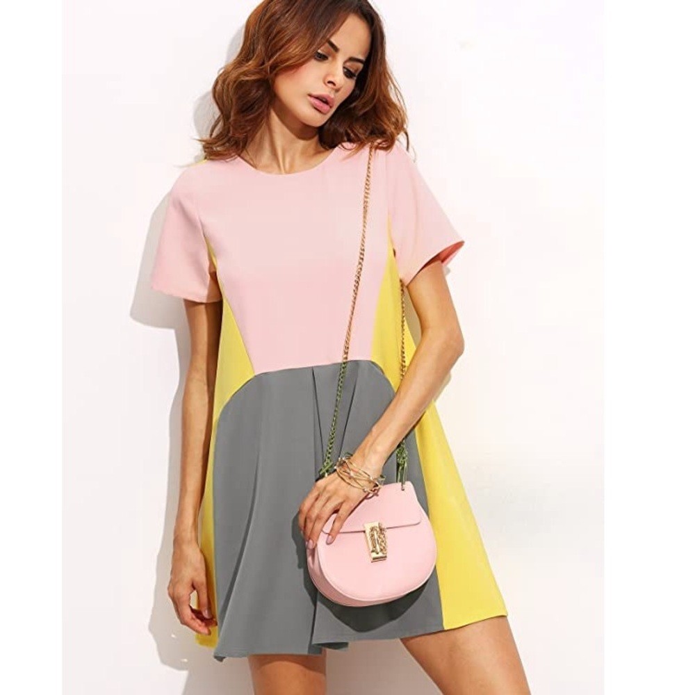Pink Grey and Yellow Colorblock Short Sleeve Mod Dress with Pockets Size XXL