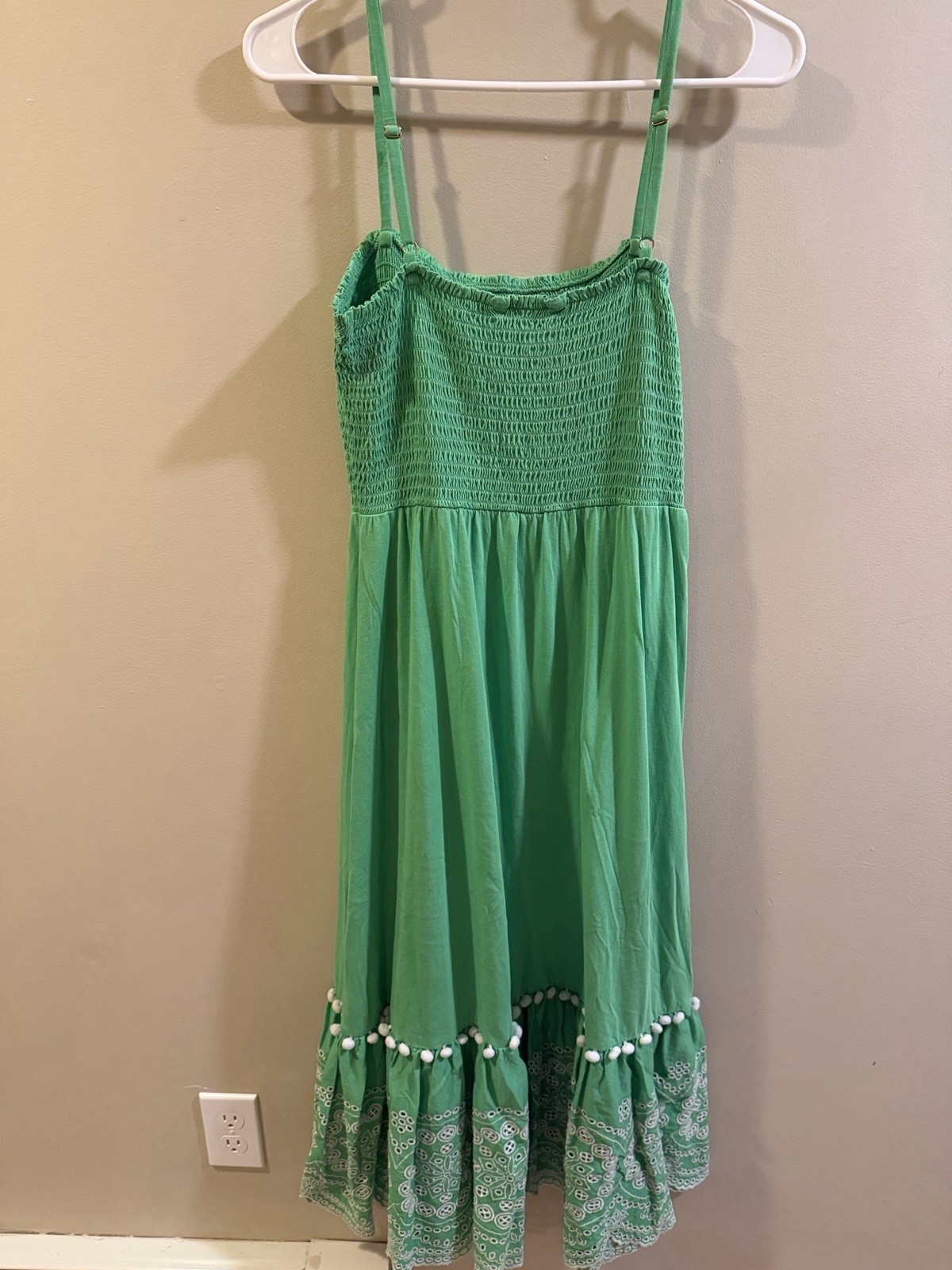 Lilly Pulitzer Green Smocked Square Neck Embroidered Pom-Pom Midi Sundress L