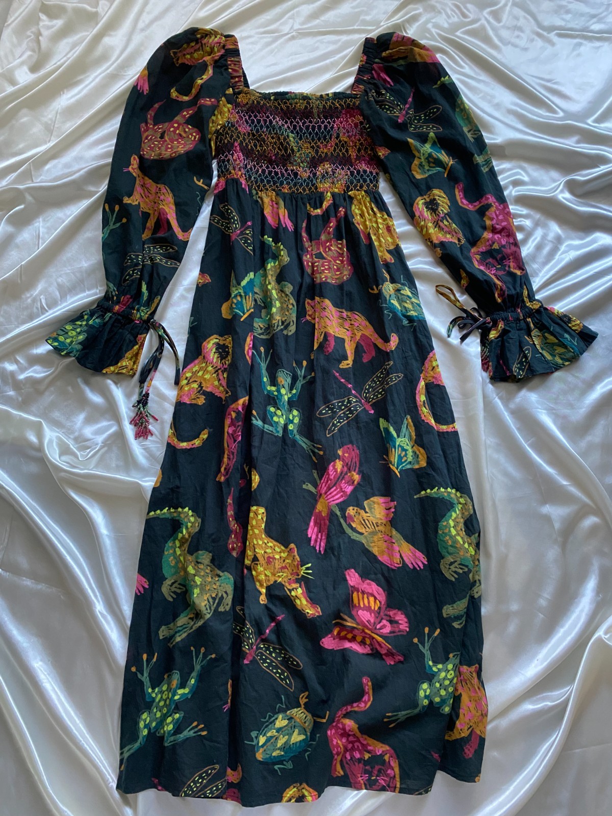 Farm Rio Animal Life Smocked Maxi Beaded Multicolor XS *read*