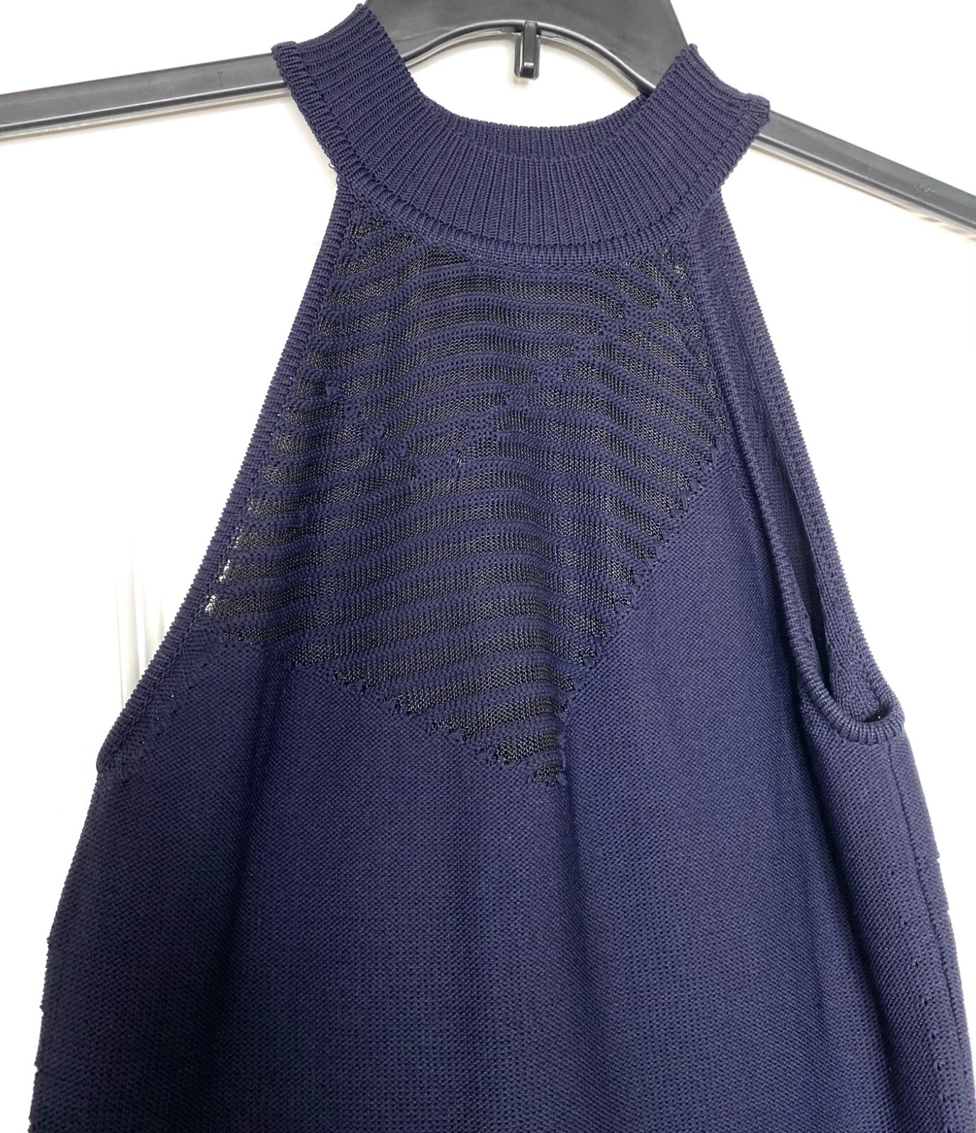 CUSHNIE ET OCHS Dark Navy Halter Mock Neck Stretch Knit Sheer Midi Dress S = 4/6