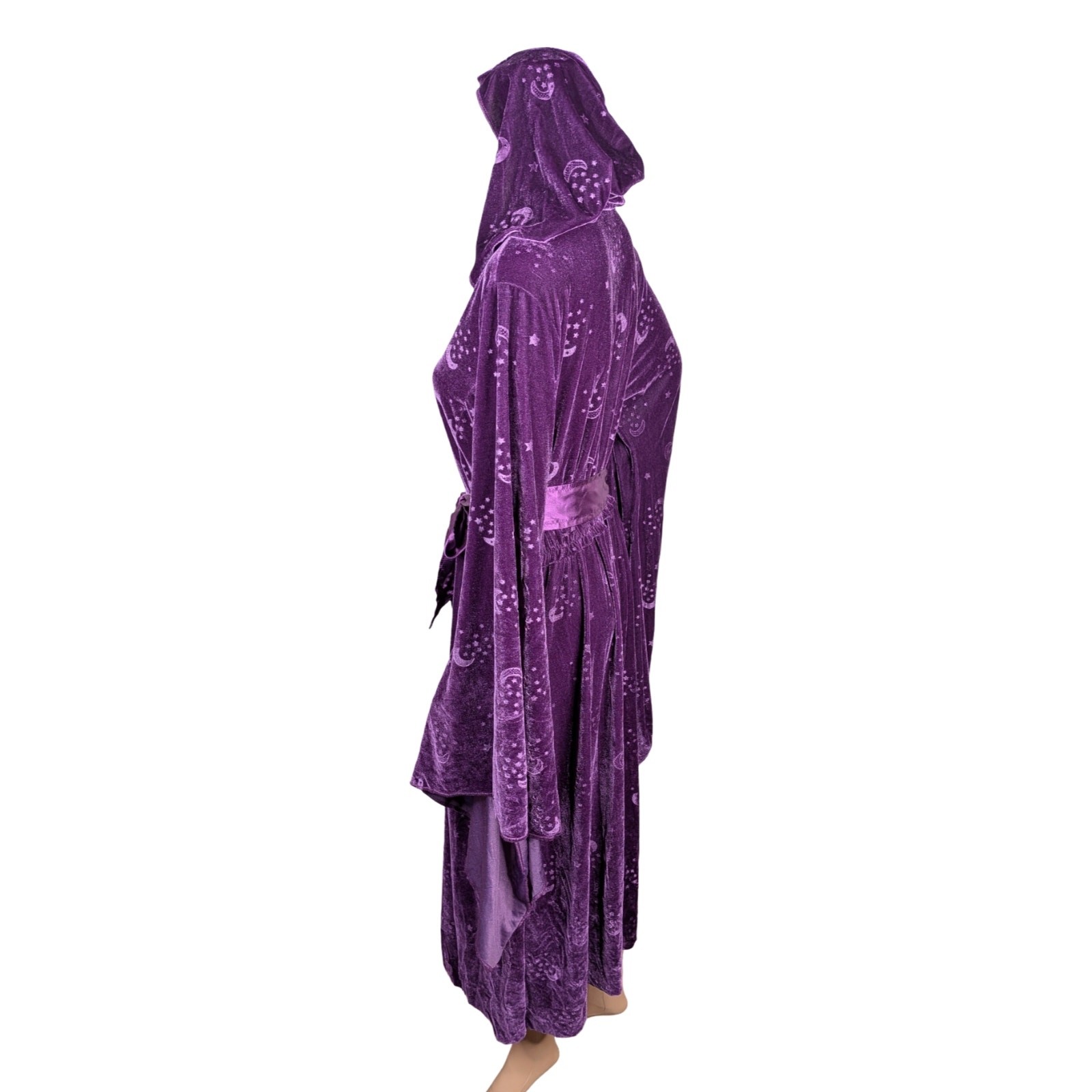 Purple Velvet Celestial Stars Moons Hooded Robe Witch Wizard Maxi Dress SZ L/XL