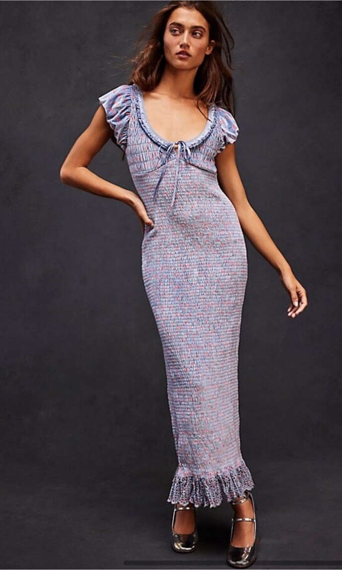 Free People Mckenna Velvet Midi Maxi Dress Ruffled Eyelet Blue Combo M NWT