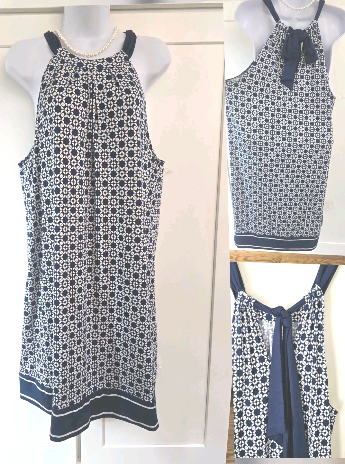 Mud Pie Nautical Halter Dress White Navy Blue Bow Tie Back Size L 12-14 EUC