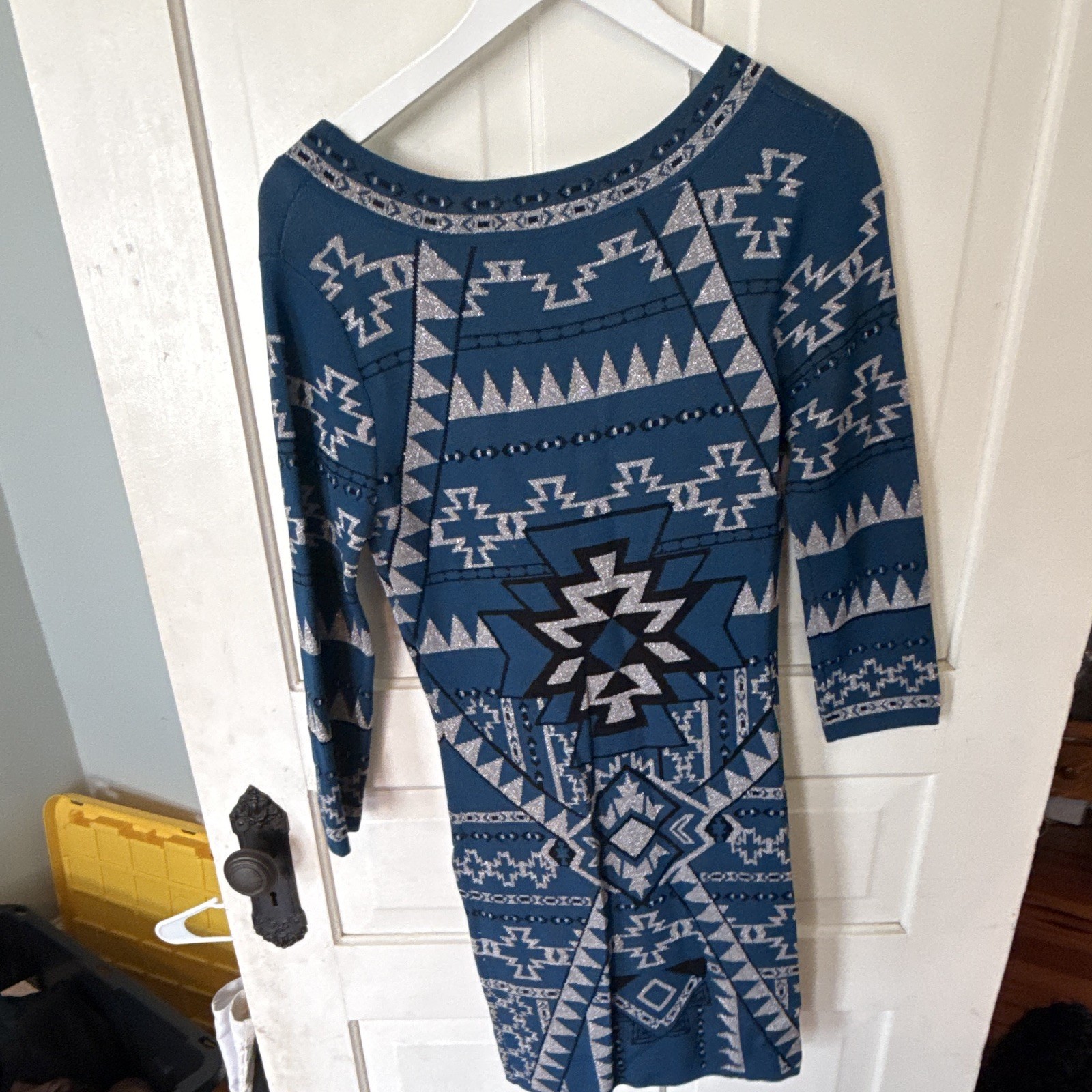 Flying Tomato Blue Aztec Knit Beaded Scoop Neck 3/4 Sleeve Sweater Dress L