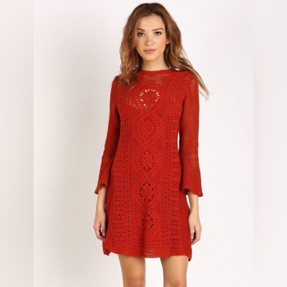 Free People Rosalind Burnt Orange Crochet Long Bell Sleeve Dress NWOT Large