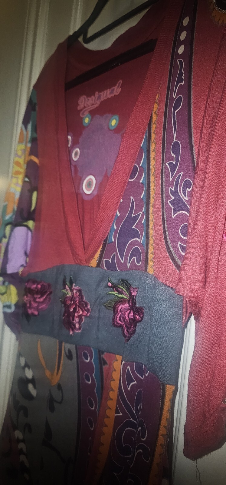 Desigual Size A-Line Plunge Batwing Vintage Gypsy Boho Hippy Midi Dress M/L